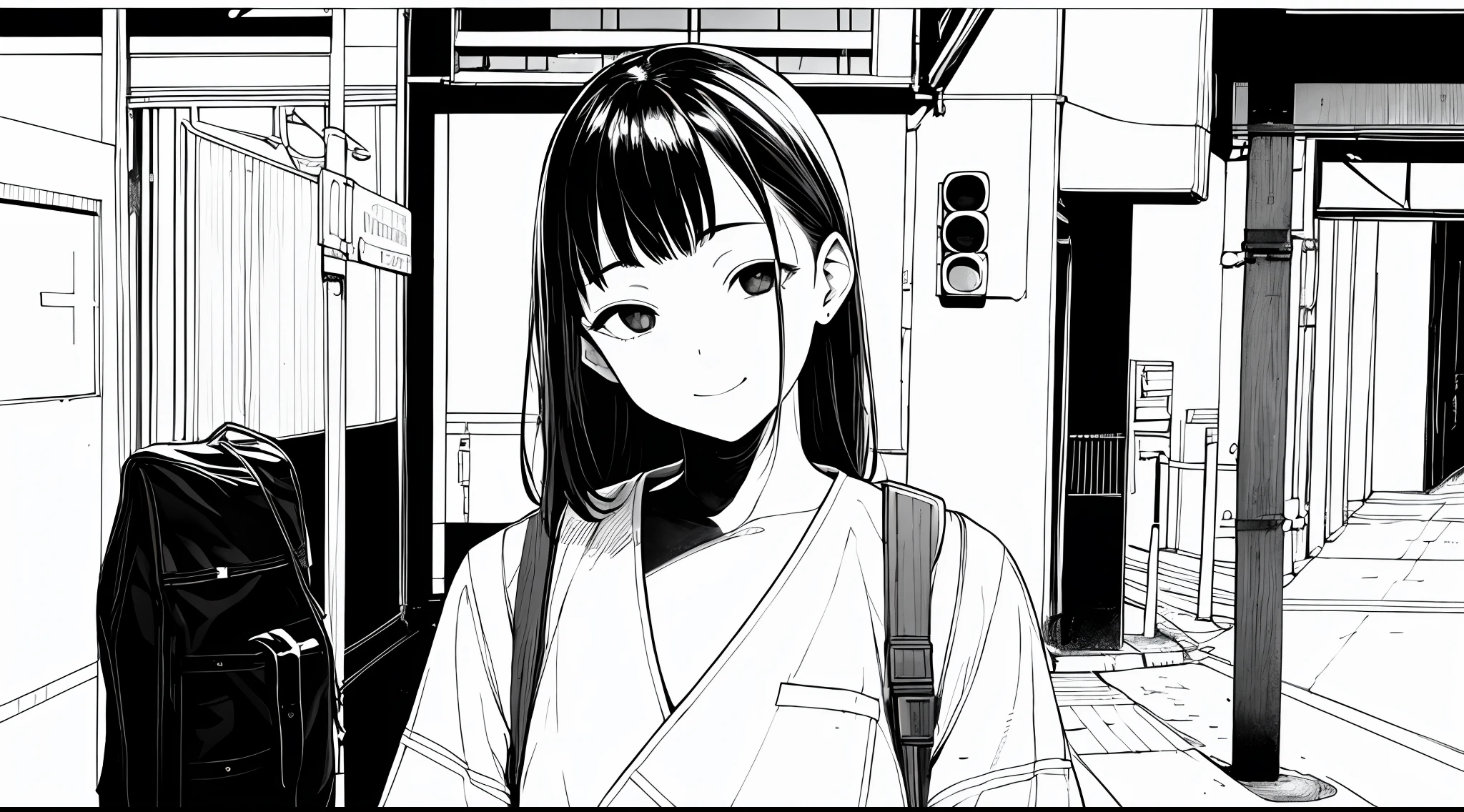 masterpiece, top-quality, (1girl in), 校服, A slight smil, a school bag, A dark-haired, Black eyes, cyberpunked, a street, monochromes, line-drawing
