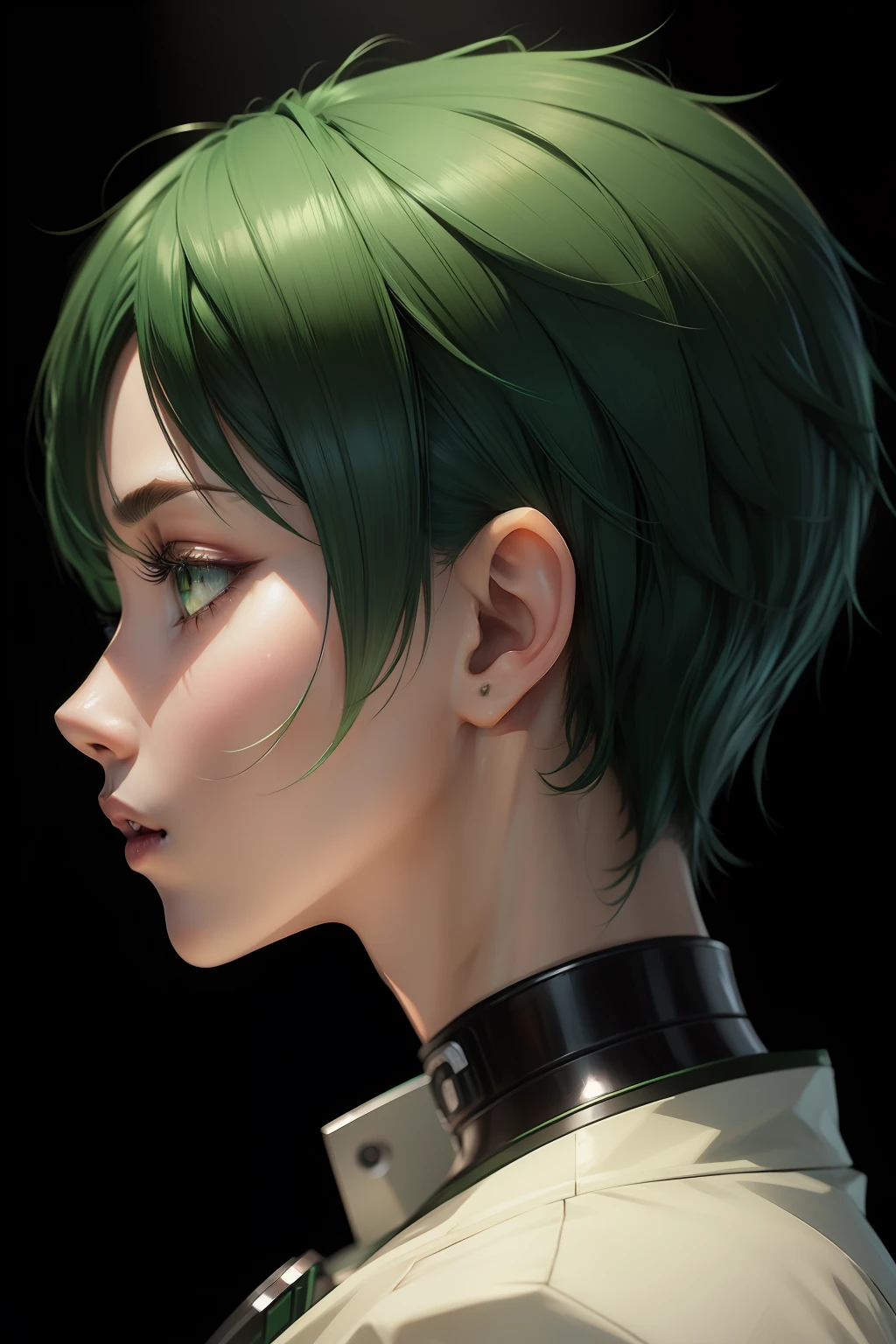 Profile half body green short hair man closeup Sci-Fi cute Anime Japan 2d Sharp focus 16k resolution Very sharp, Hyper detailed, 8k, Hyper realistic detail