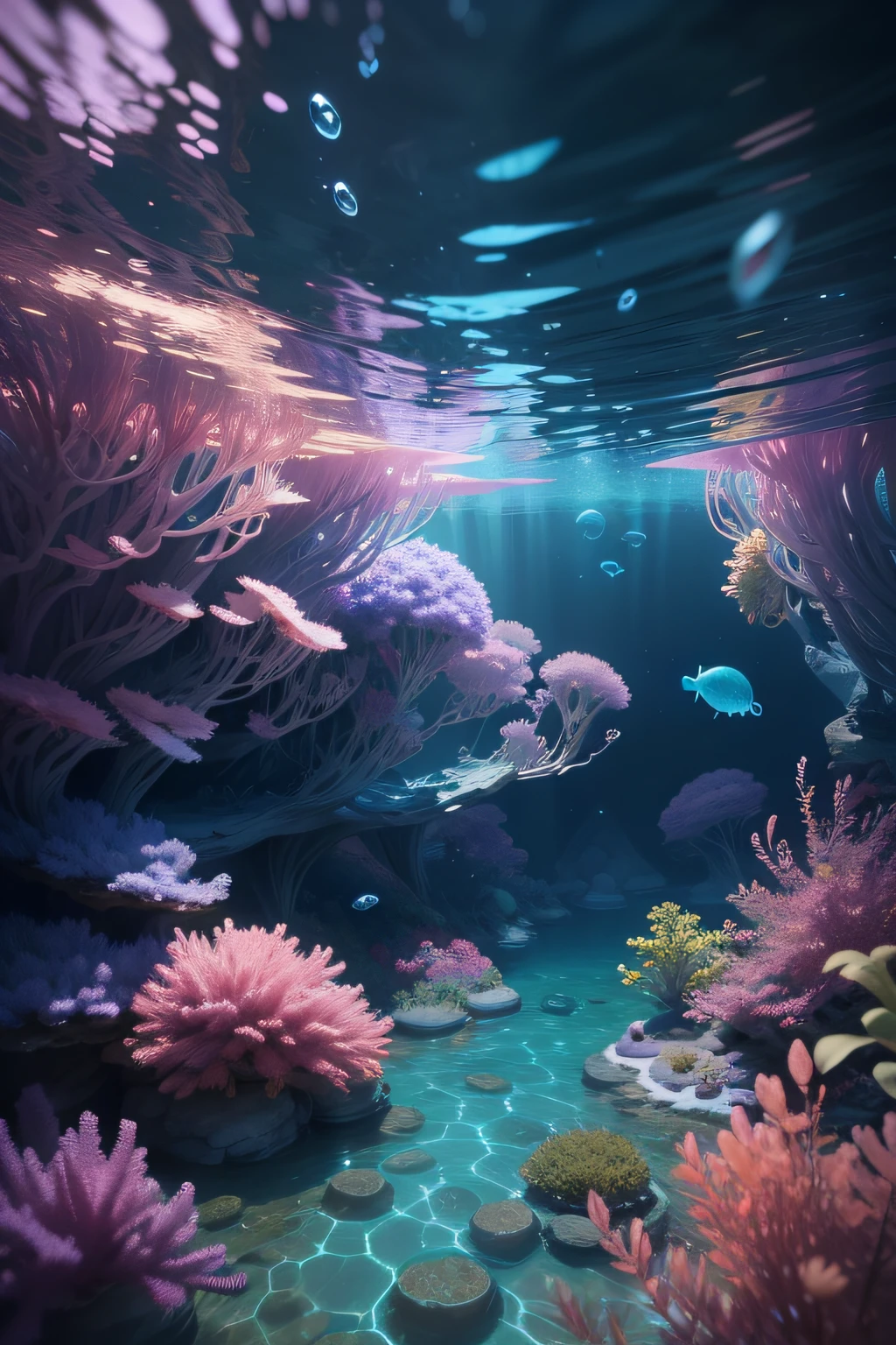 ((perspective)) microscopic world, vista, underwater fantasy,((masterpiece)), best quality, high quality, ((extremely detailed CG unity 8k wallpaper)),(fantasy), complex background, underwater fantasy world, fish school, Glowing jellyfish, colorful, (abyss)), staggered stone platforms in the abyss, glowing undersea plants, 3D digital painting, award winning photography, bokeh, depth of field, HDR, chromatic aberration, photorealistic, extremely detailed, artstation Trends on CGsociety, Intricate, High Detail, dramatic, art by midjourney, --v 6