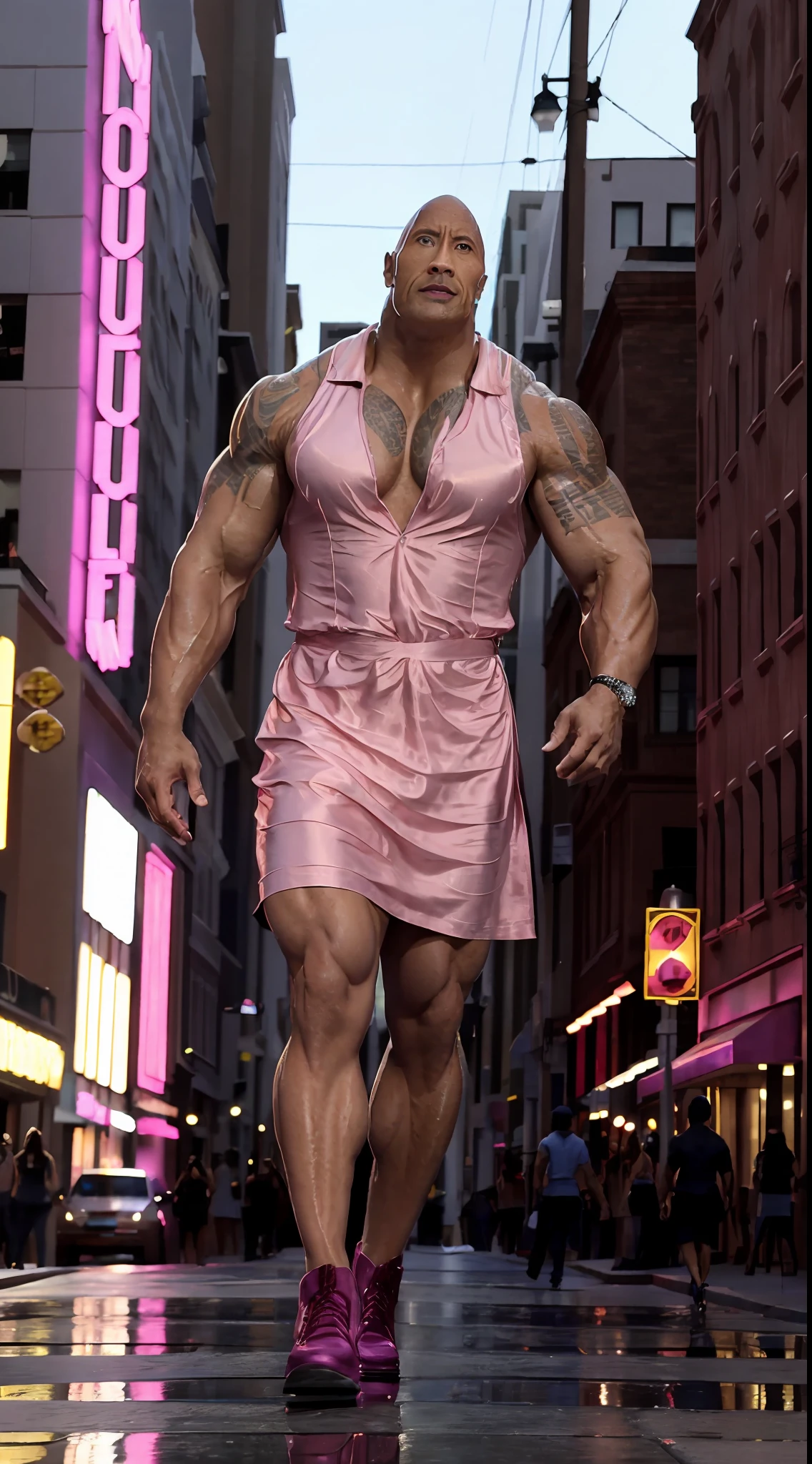 (The rock) Dwayne johnson shines in a mesmerizing Barbie pink gown as he confidently struts along the lively downtown street.
