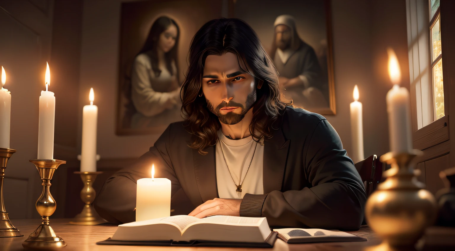 Jesus um homem com os olhos perfeitos e rosto, sitting with a Bible on the open table in the middle, e velas ao lado orando, very beautiful picture perfect realistic oil painting