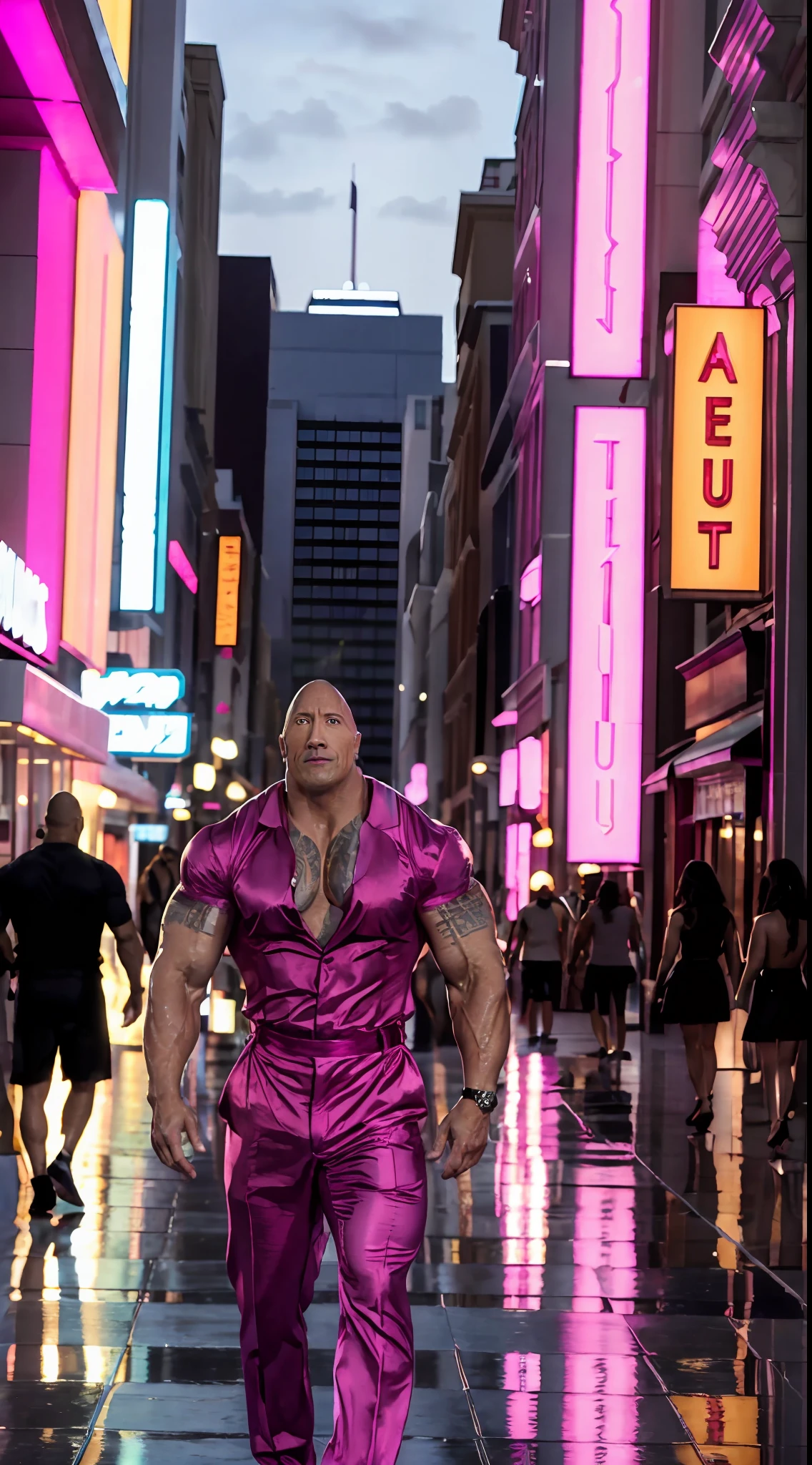 (The rock) Dwayne johnson shines in a mesmerizing Barbie pink gown as he confidently struts along the lively downtown street.
