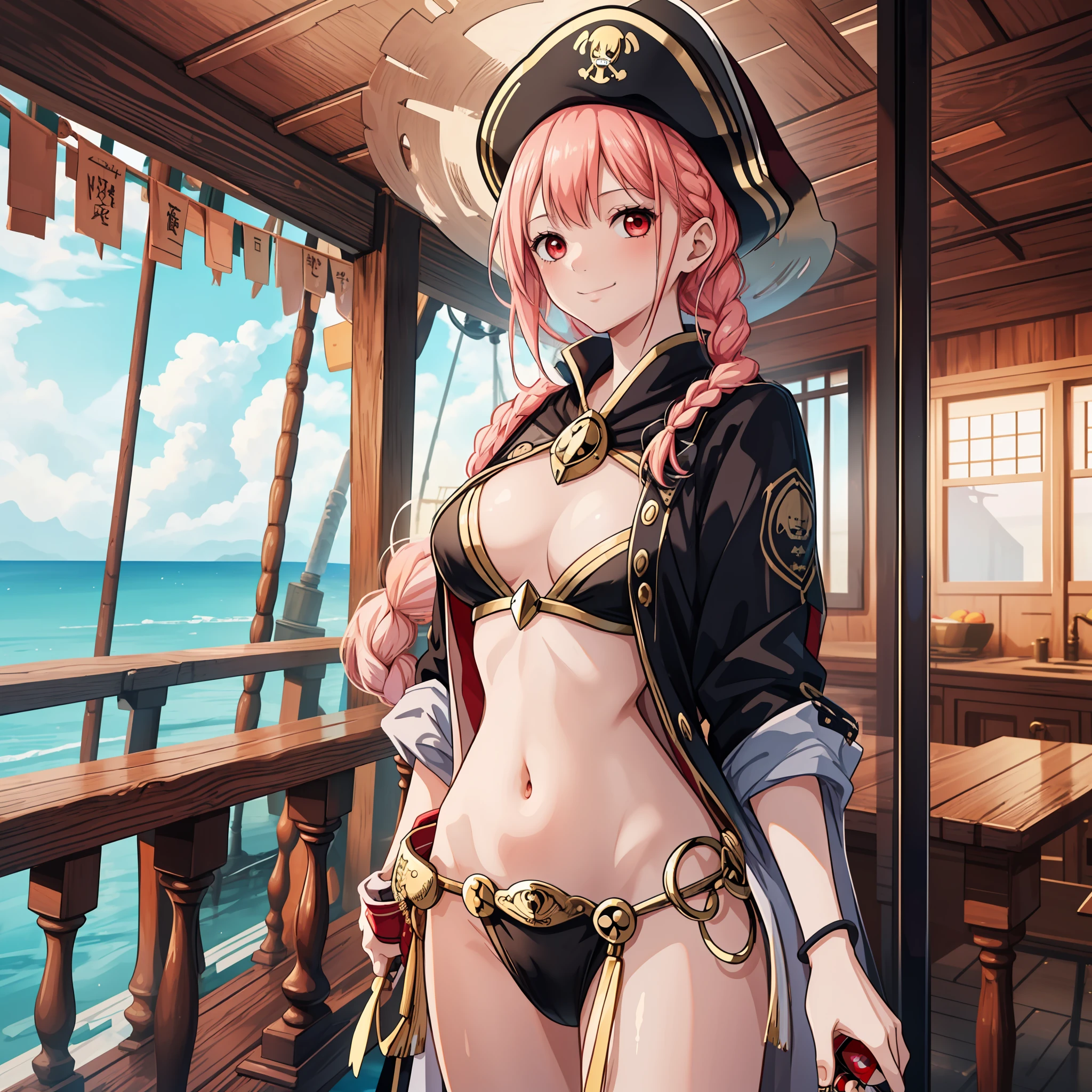 top-quality,​masterpiece,Masterpiece,8k,high-level image quality,High pixel count,detail portrayal,1人の女性,1girl,独奏,Peachy Hair,Long,braid hair,Red eyes,cowboy  shot,Standing figure,Slender body line,Black pirate clothes,Pirate Hat,a smile,full bodyesbian,On board,On a wooden ship,