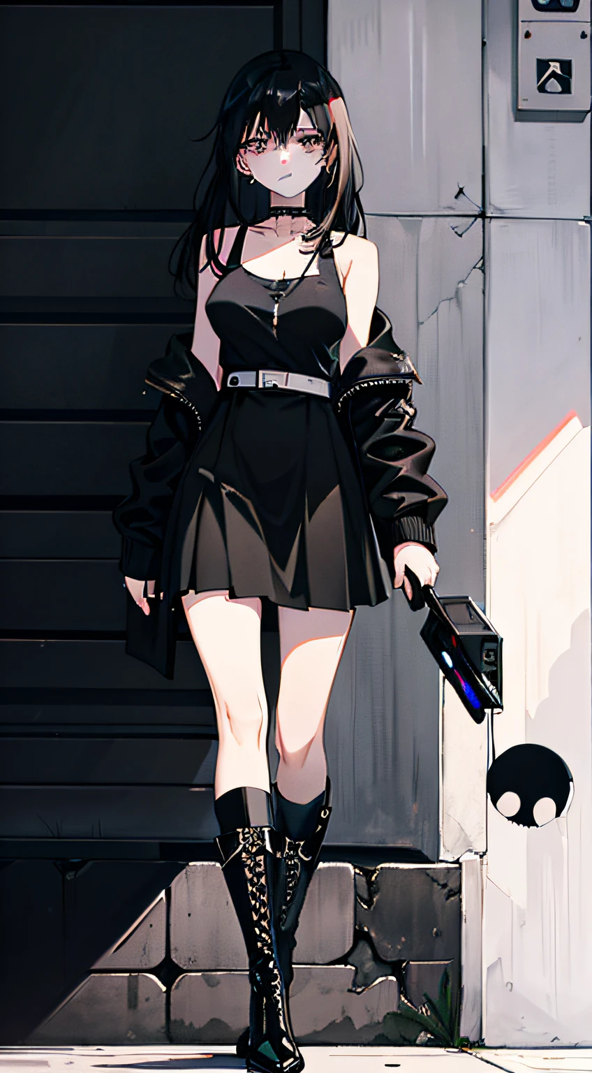 utmost+meticuloso_the face,utmost+Beautiful+meticuloso_The eye,The upper part of the body,closeup cleavage,cyberpunk backgrouns,sketching,solidcolor,A woman in a black shirt and black dress,Minimalist style,Wear elegant casual clothing,Boots,Milk and black style,Black eyes,Modern and stylish dress,casual modern clothing,inspo , Anime,Blackn clothes, a black skirt, Neutral tones, Black and white color scheme, leisure wear,Skinny figure,Scary face, 22 year old, Long hair, ((Black hair))