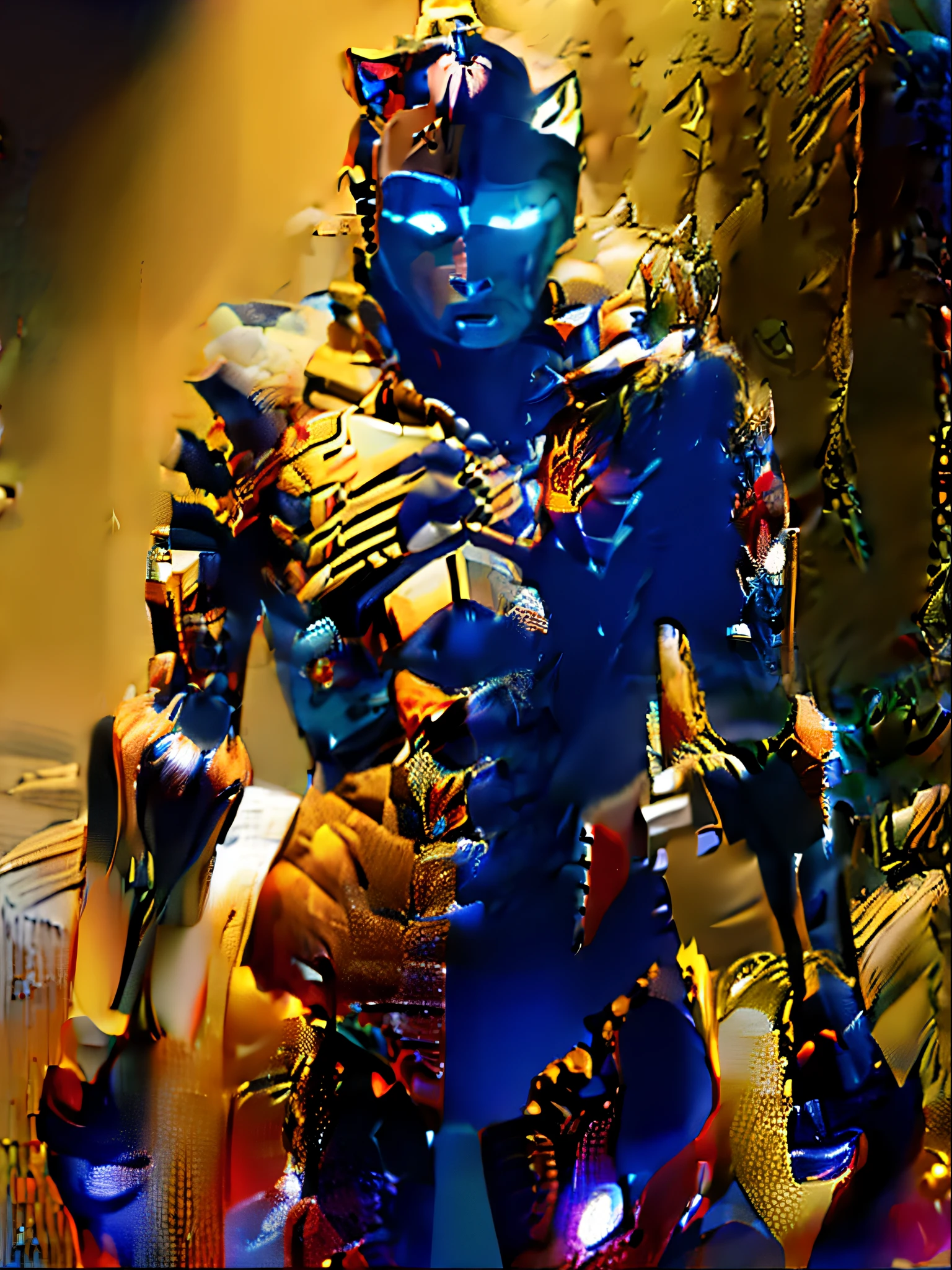 A robot that treats red and black as a whole,Avatar like a cat,Strong body,The torso is decorated with gold stripes,In the empty golden space