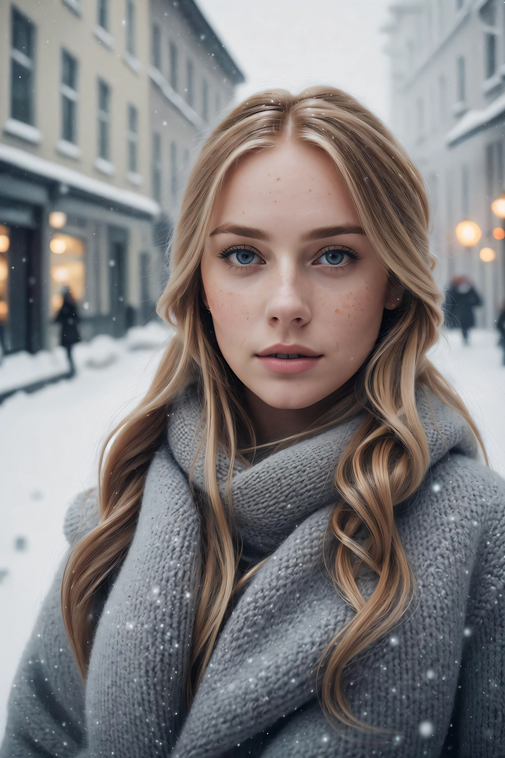 professional portrait photograph of a gorgeous Norwegian girl in winter clothing with long wavy blonde hair, sultry flirty look, (freckles), gorgeous symmetrical face, cute natural makeup, wearing elegant warm winter fashion clothing, ((standing outside in snowy city street)), stunning modern urban environment, ultra realistic, concept art, elegant, highly detailed, intricate, sharp focus, depth of field, f/1. 8, 85mm, medium shot, mid shot, (((professionally color graded))), bright soft diffused light, (volumetric fog), trending on instagram, hdr 4k, 8k