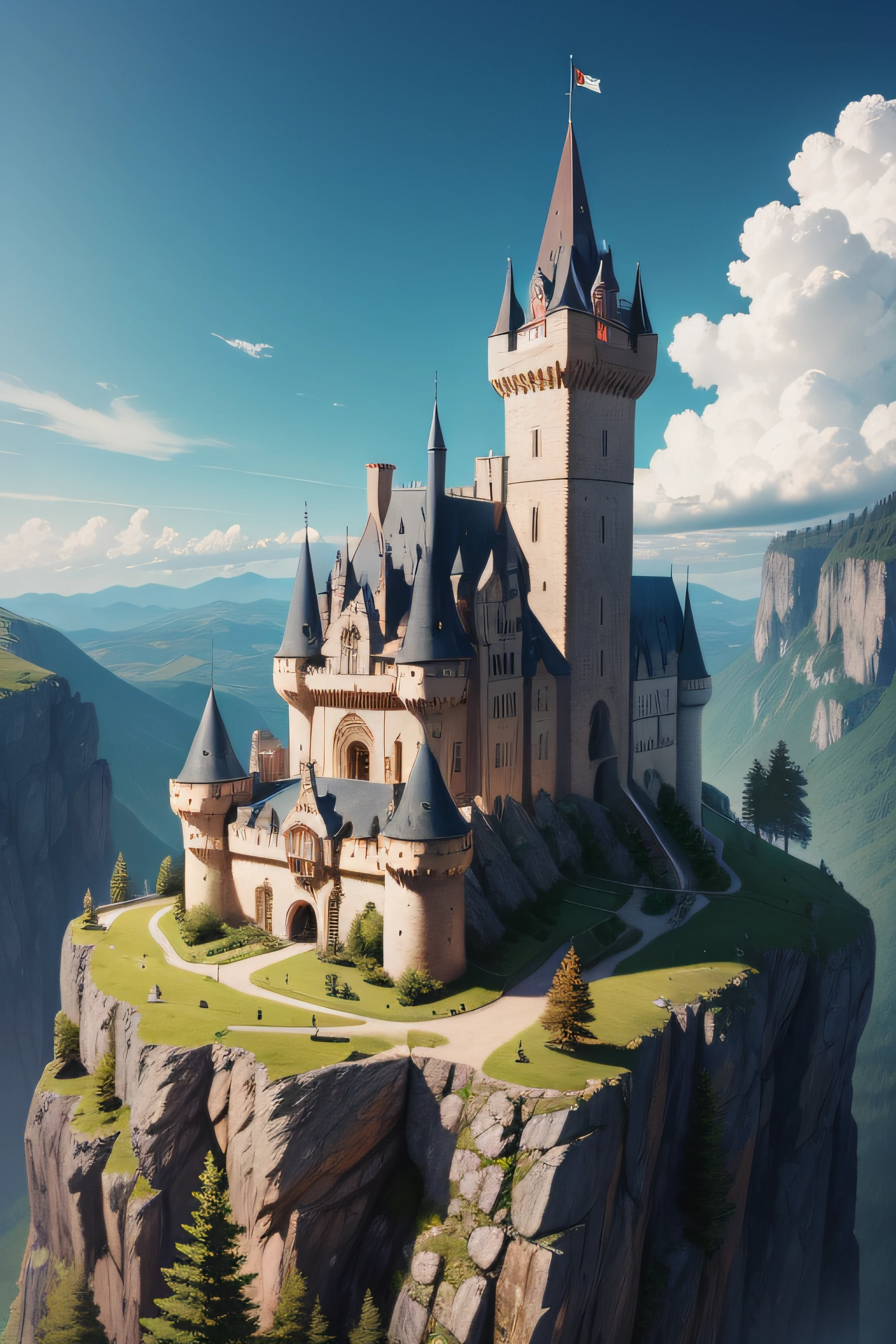 Huge medieval castle and many high-ranking houses on top of a giant mountain