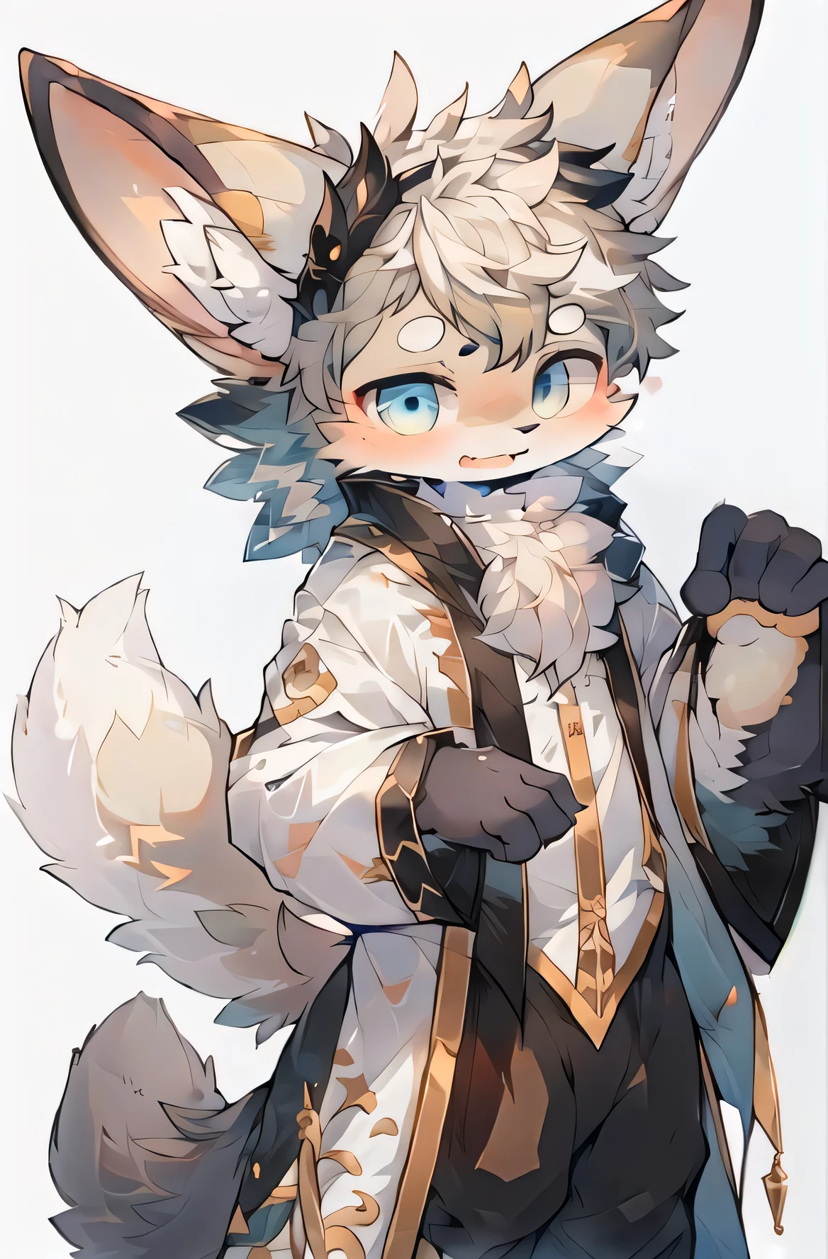 (1boy:1.3), cat boy, (furry:1.5), light blue fur, blue eyes, blonde hair, body fur, ultra cute face, beautiful lights and shadows, ambient light, ultra detailed fur, (full body:1.1), perfect lighting, light particles, (masterpiece), (ultra detailed), sharp focus, light particles, niji, eyesgod, blush, colored hair, long hair, silver hair, smile, solo, looking at viewer, smile, solo, furry, animal ear fluff, open clothes, tail, open mouth, (best quality) jw3, (chinese art), long dress, depth of field,