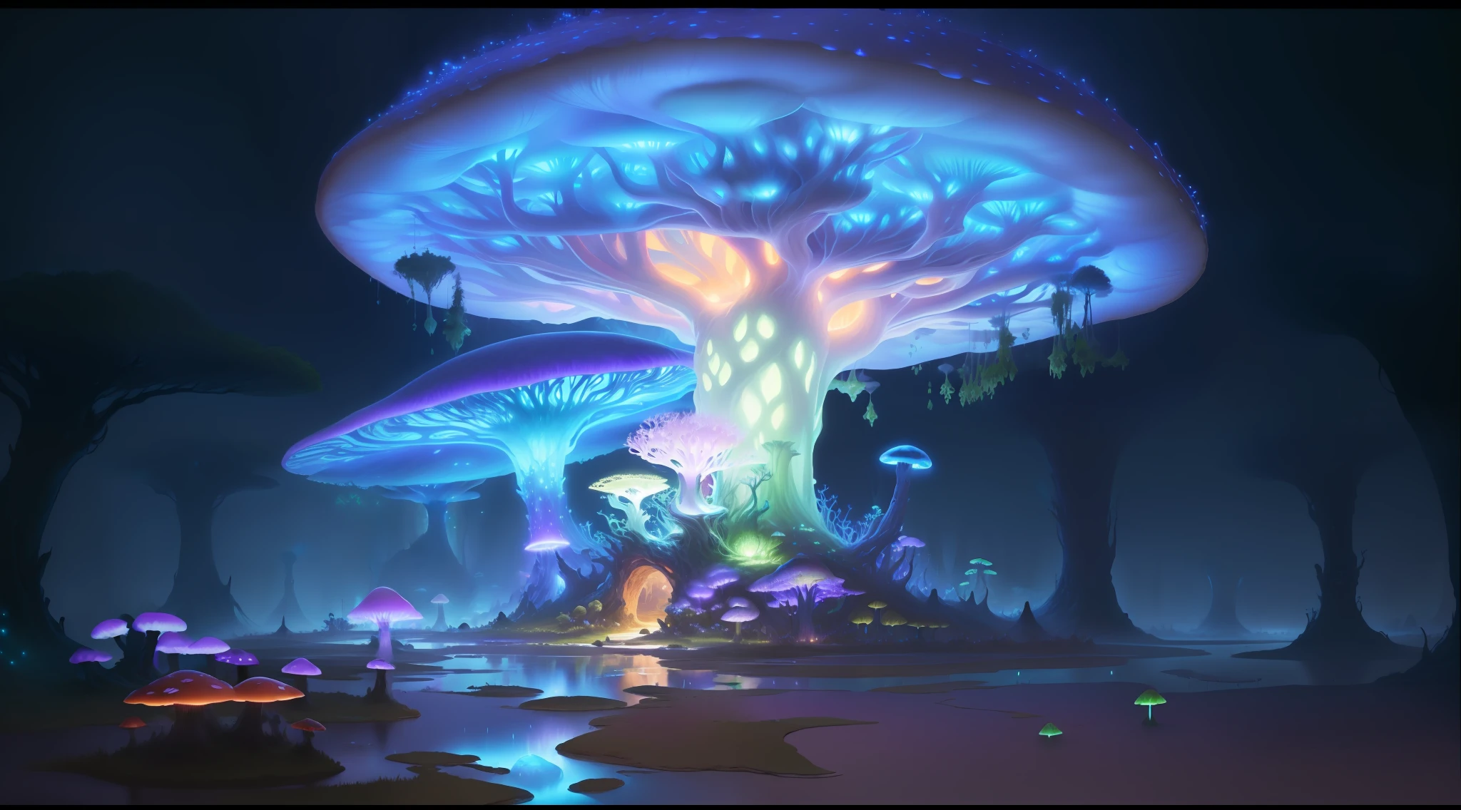 Bright mushroom-like structure，In a fantasy environment with ponds, giant fluorescent fungi, emitting spore clouds, giant mushroom, Luminescent fungi, fantasy magical vegetation, concept art magical highlight, Magical tree, glowing blue mushrooms in mire, luminescent concept art, Fantasy Tree, large magical trees, weird alien trees, magical concept art, mushroom trees