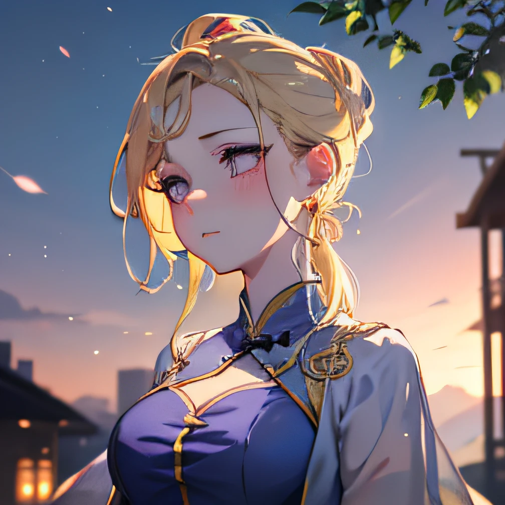 1girl in, Blonde hair, topknot, Tight simple sky blue qipao dress, Purple eyes, tareme, longeyelashes, Crescent gold Earrings, blush, Torogao, Magic Hour, Rembrandt, Cinematic lighting, POV, low angle shot, Best Quality, masutepiece,16K,