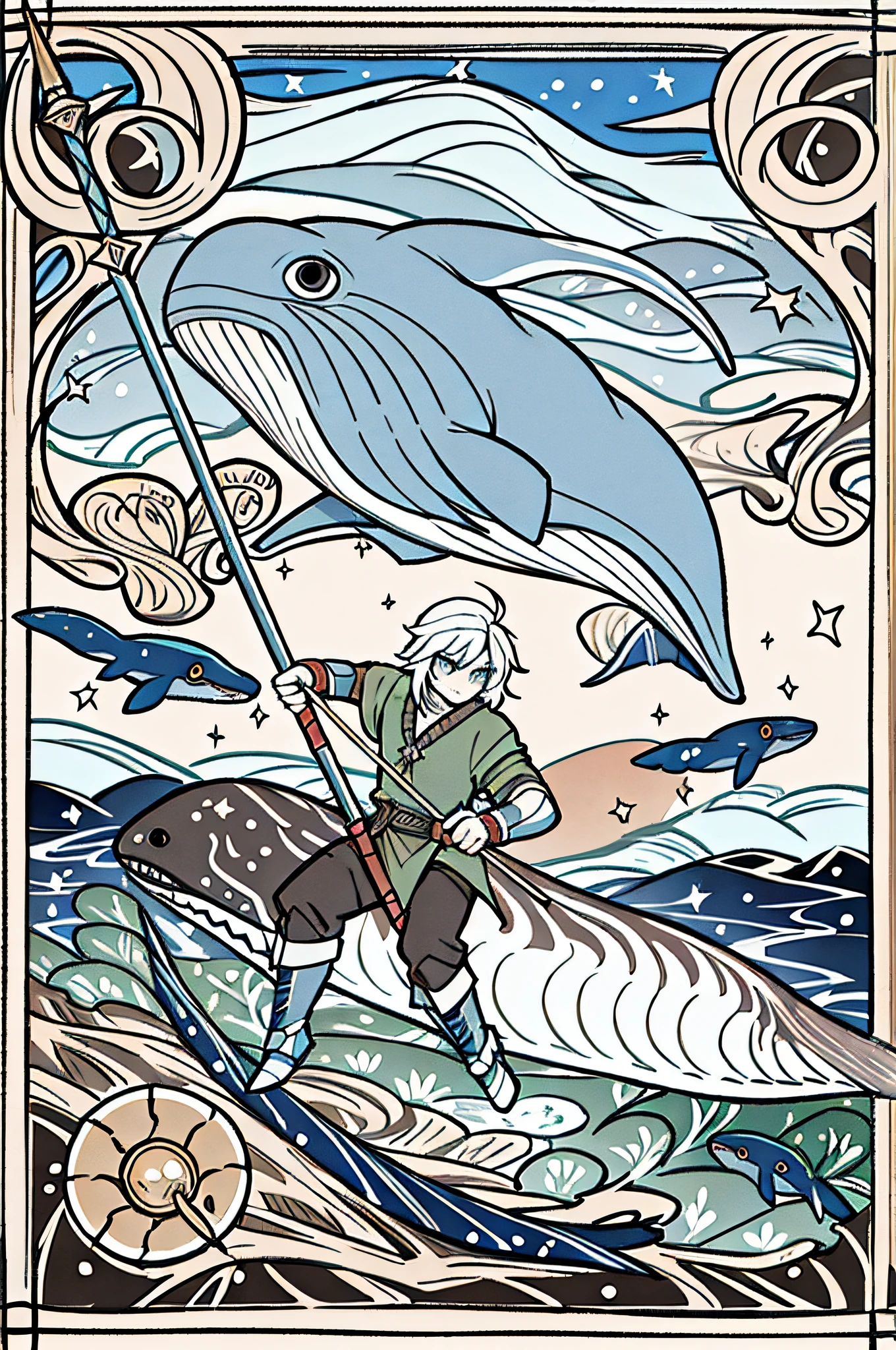 strong hunter with spear, hunting a whale, by bestiary_style, masterpiece, best quality, solo,