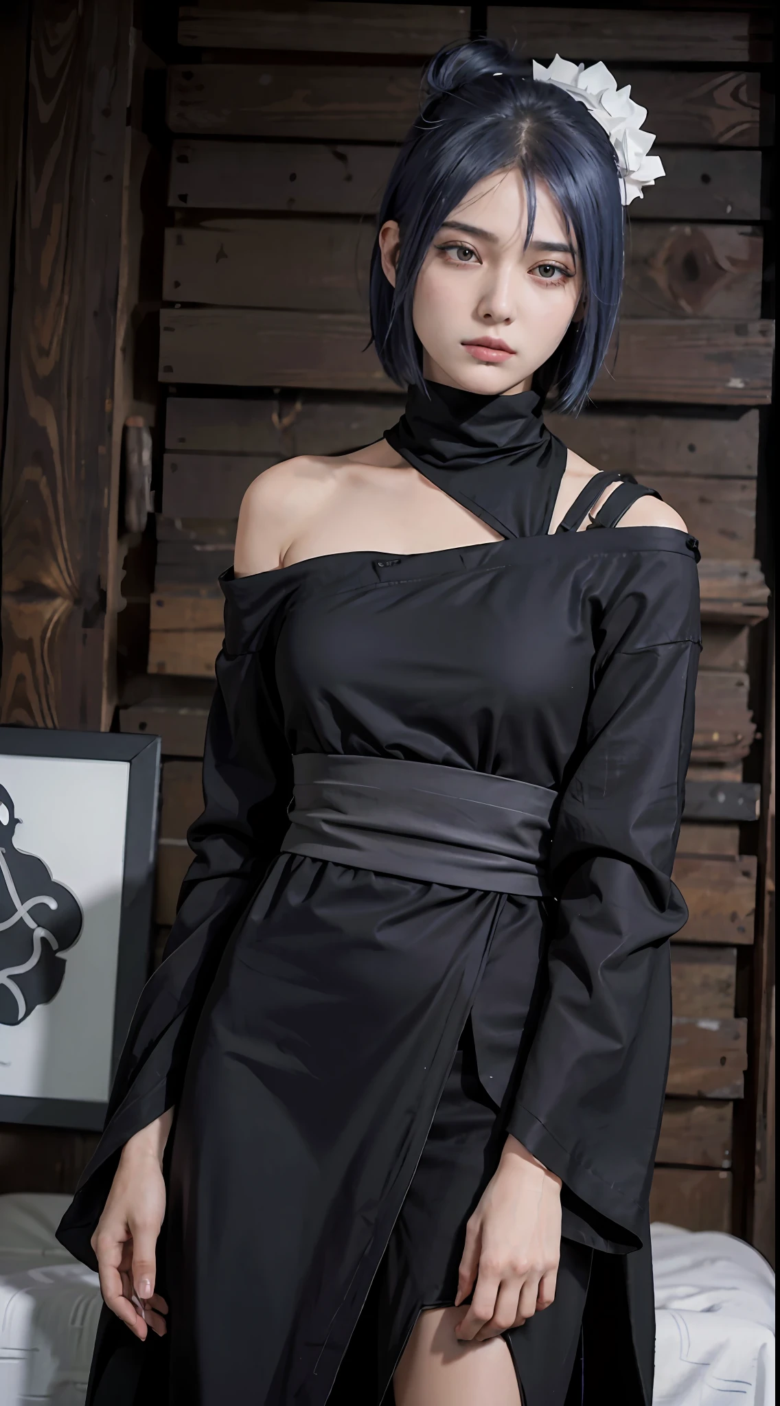 absurderes, (best qualityer), (tmasterpiece), (ultra - detailed: 1.2), (Fotorrealista: 1.1),Off-the-shoulder attire， (A high resolution), 1girll,(injury:1.1),blue hairs，short detailed hair，Black robe(bloods:1.1), Xiaonan \(Naruto\), Akatsuki motif， Perforated Rabret, (Paper:1.2), Ripples, twirl, Rainbow art,