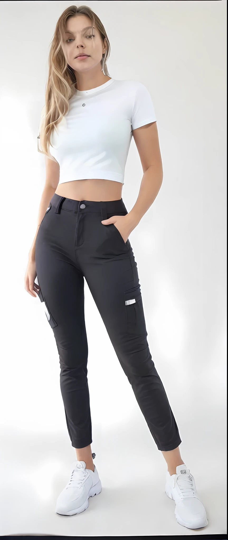 A beautiful woman in a white top and black pants posing for a photo, wearing tight cargo pants, cargo pants, pants clothes pants black jeans extremely tight, pants clothes pants clothing jeans black, black pants, pants clothes clothes jeans, pants clothes clothes jeans, jeans, garments, pants, clothing, jeans and t-shirt, com dois bolsos frontais, wearing pants and a t-shirt, pants clothes pants clothing jeans black, cintura fina, clothes clothes jeans jeans jeans clothes jeans jeans, cintura magra e quadris grossos