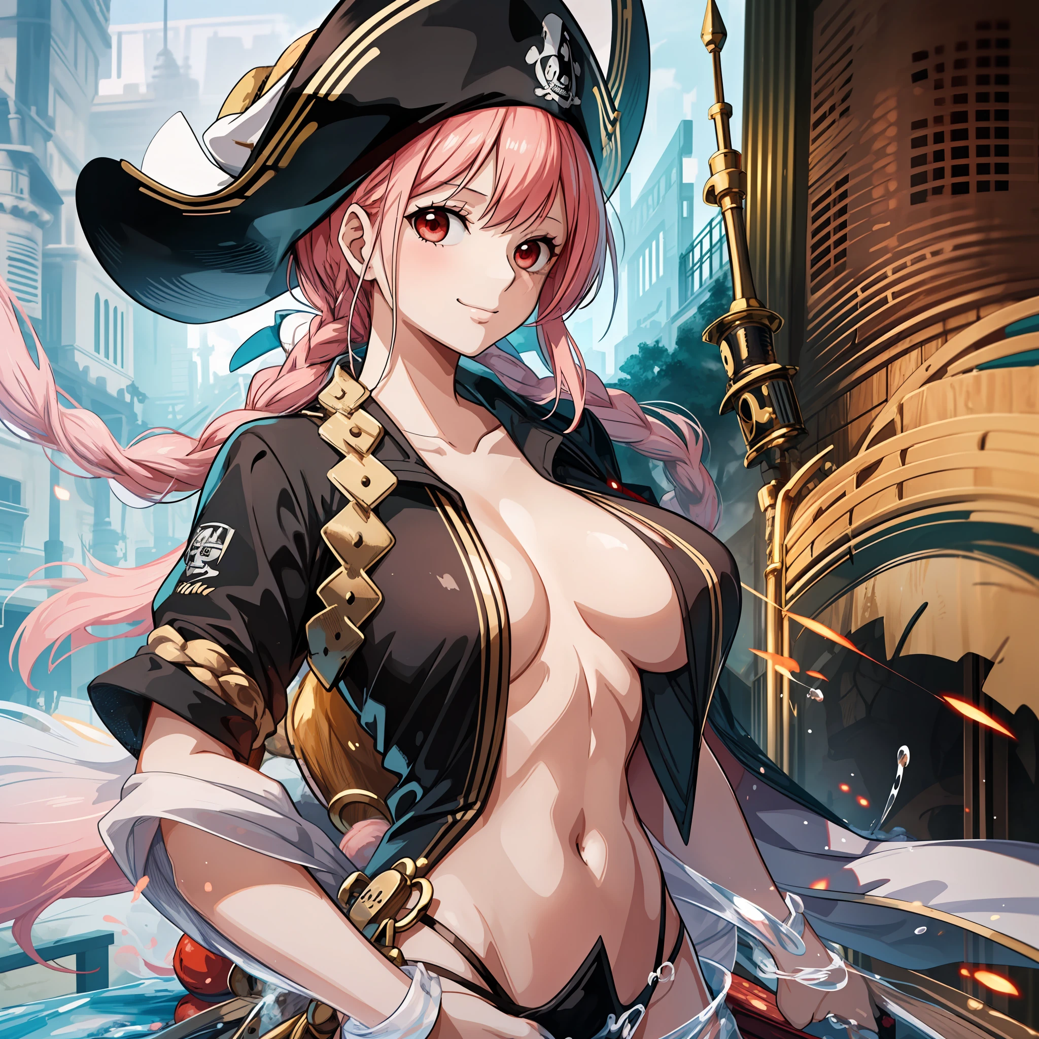 top-quality,​masterpiece,Masterpiece,8k,high-level image quality,High pixel count,detail portrayal,1人の女性,1girl,独奏,Peachy Hair,Long,braid hair,Red eyes,cowboy  shot,Standing figure,Slender body line,Black pirate clothes,Pirate Hat,a smile,full bodyesbian,On board,On a wooden ship,