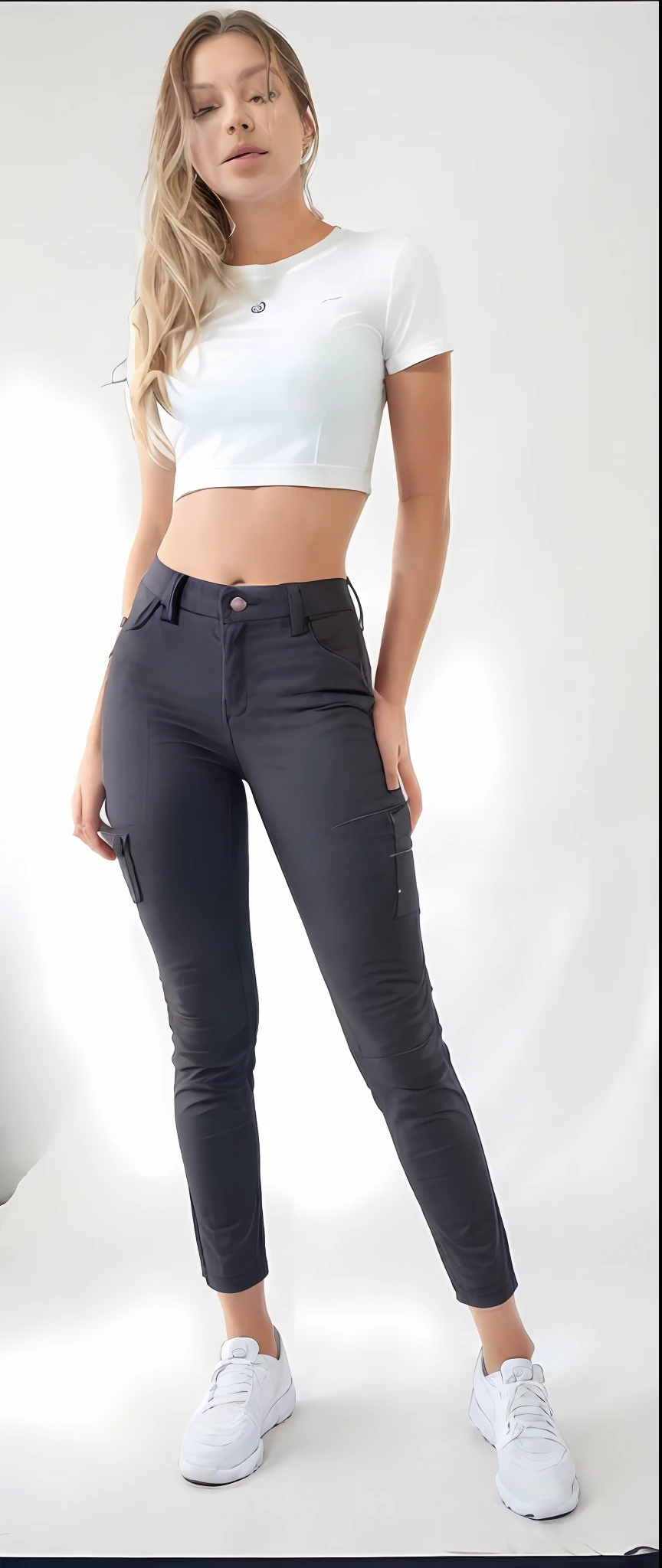 A beautiful woman in a white top and black pants posing for a photo, wearing tight cargo pants, cargo pants, pants clothes pants black jeans extremely tight, pants clothes pants clothing jeans black, black pants, pants clothes clothes jeans, pants clothes clothes jeans, jeans, garments, pants, clothing, jeans and t-shirt, com dois bolsos frontais, wearing pants and a t-shirt, pants clothes pants clothing jeans black, cintura fina, clothes clothes jeans jeans jeans clothes jeans jeans, cintura magra e quadris grossos