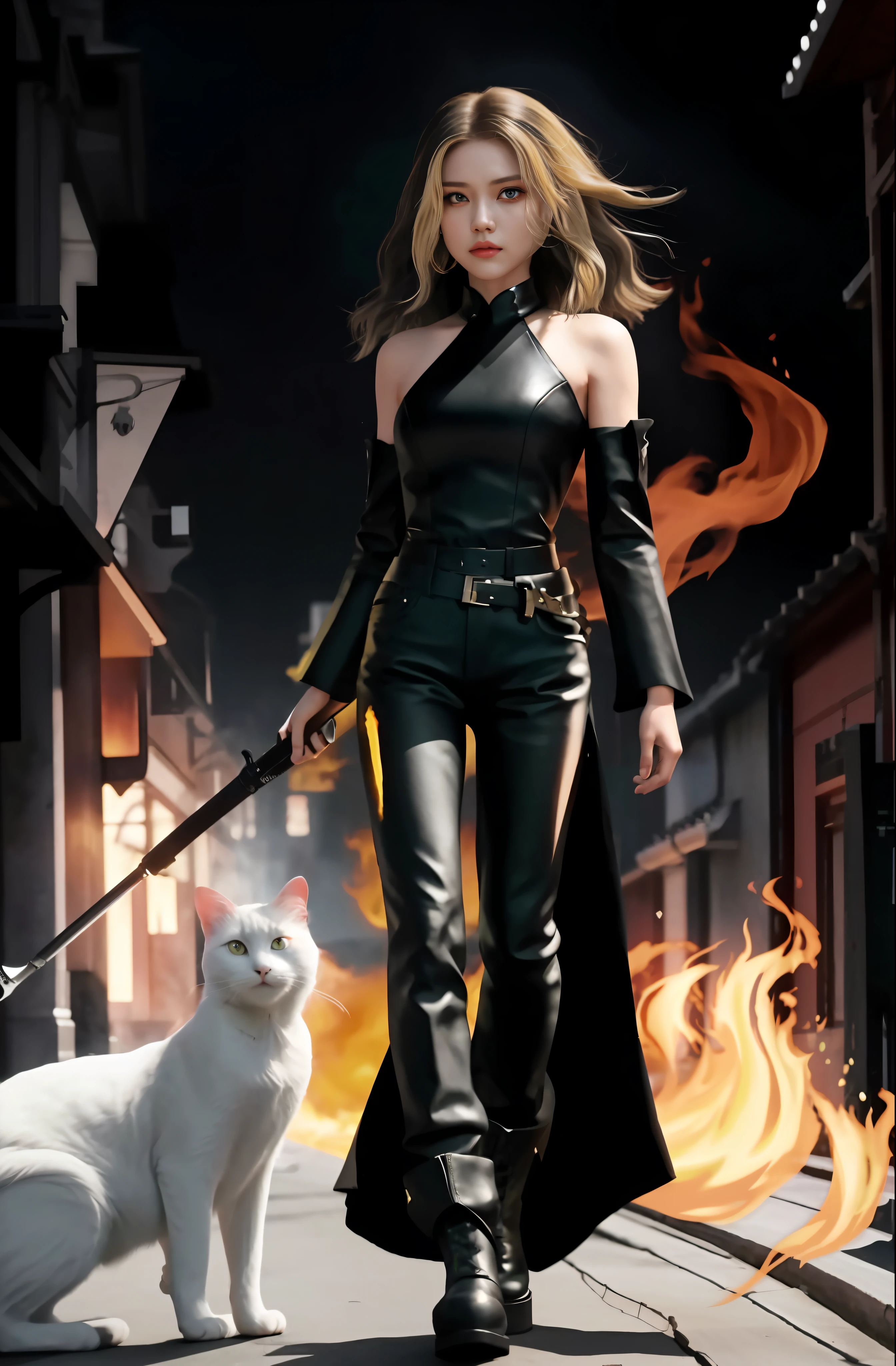 Light yellow hair，short detailed hair,  Smoky makeup,  Wear tight black pants, Martin boots,, Perfect face, There was a white cat on the ground next to her, Portrait people, Dark wind, Solid black flame effect background, Fantasy art, Beautiful character painting, Best quality, Masterpiece, 超高分辨率, (Fidelity: 1.4), full bodyesbian, ultra-wide-angle,, Black modern clothing, Elegant black clothes, modern, epic character art, Amazing character art, beautiful female assassin, Dark style, Extremely cool, Handsome, Pure black clean fire background, Modern style girl,, Beautiful eyes, Movie light, style of surrealism, Visual impact, The fire shines on the face, Fire,  The flames shone on the face, exquisite face, Gorgeous hazy light and shadow, Backlight, Late at night, 8K