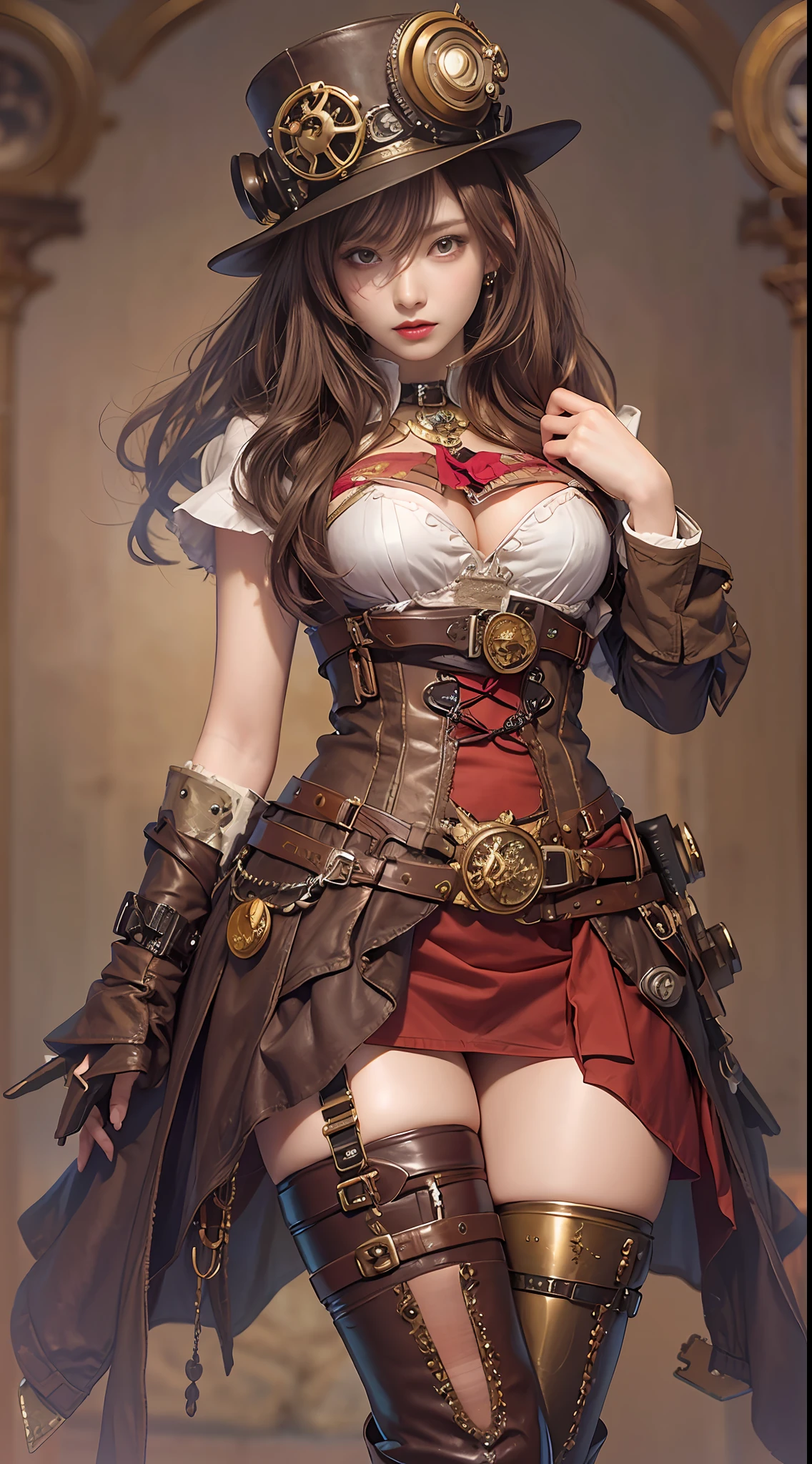 Alafe in leather costume posing for photo、Garter Belt、Steampunk Pin-Up Girl、Steampunk girls、steampunk beautiful anime woman、(highly detailed figure)、Beautiful Goddess of Steampunk、steampunk cyberpunk、Wearing steampunk costumes、Wearing a detailed steampunk dress、Close-up portrait shot、steampunk inventor girl、