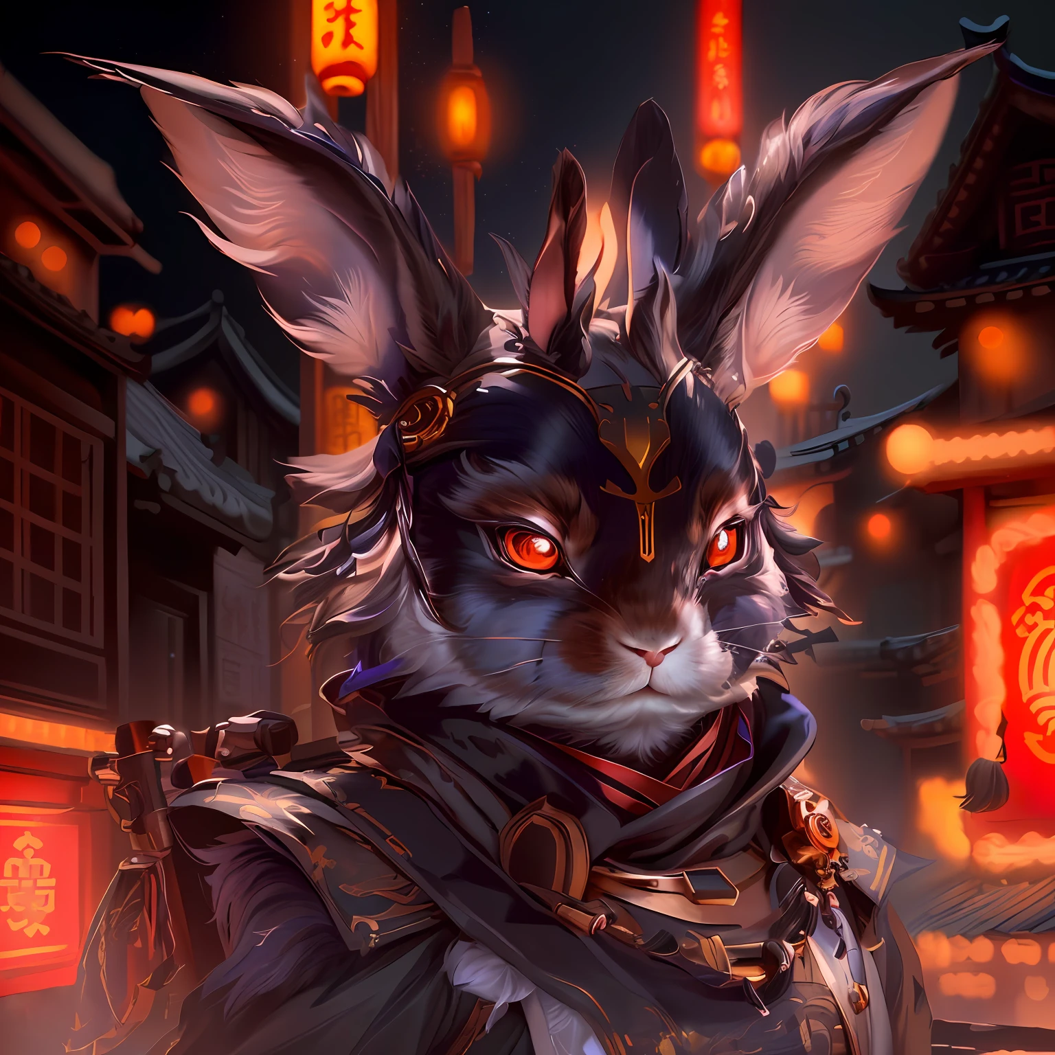 A Chinese rabbit, magical, Anthropomorphic,Girl, Angry expression, Glowing eyes, Like a mask, Hanfu, Background Ancient Chinese Street, Night. Genshin Impact Impact, Best picture quality, High detail, High quality, 超高分辨率, oc rendered, 8K