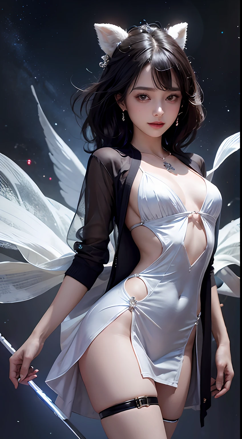 1girll,（enchanced quality：1.4），（Top quality true texture skin), Delicate face,Black hair, Gradient hair, Petite body,（perfect bodies：1.3）, There are precious stones on the forehead, rimless eyewears, Sparkling pupils，long eyelasher,grin, hyper photorealism, Cinematic lighting, projected inset, surrealism, hyper HD, Masterpiece, 16k，Wear a transparent silk cardigan dress,Carmelto,Legs slightly open，Tattooed with，Fantasy space，Luxurious space