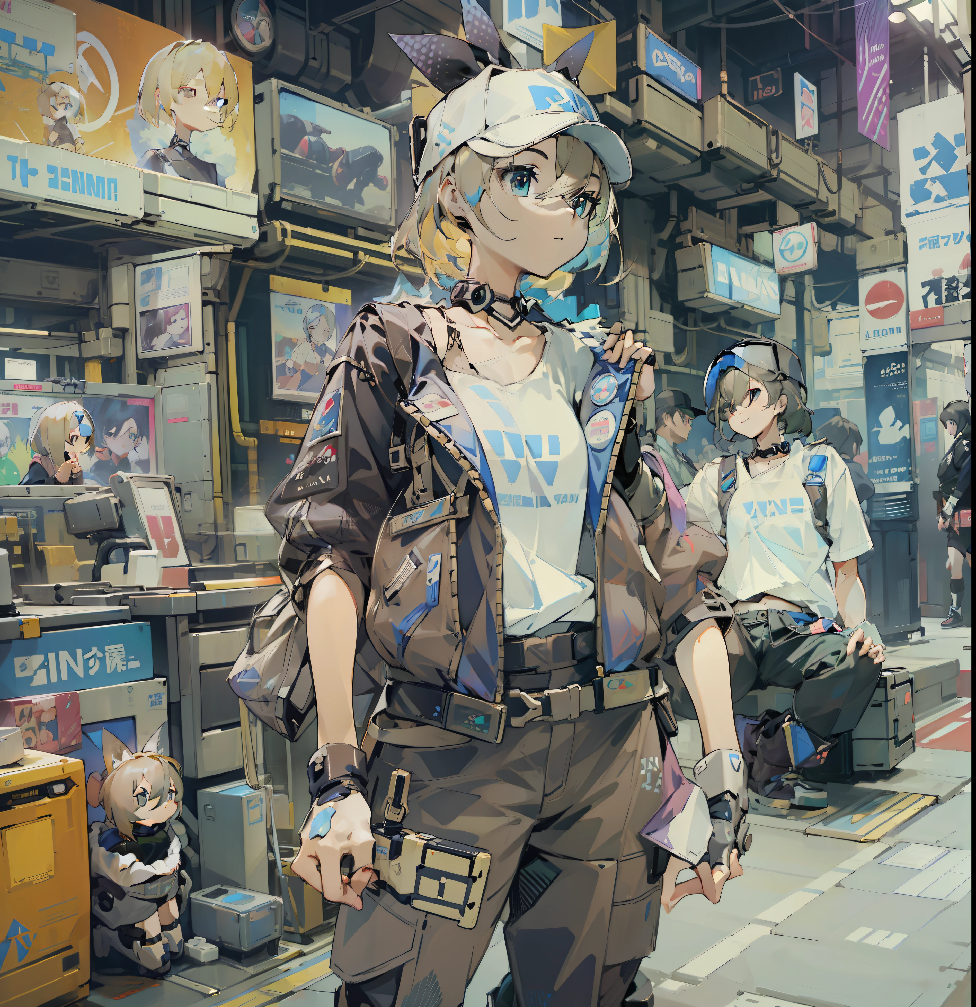 Beautiful woman medium hair、hated、cyberpunked、a short bob、a blond、White Summer Knitted Cap、 odd eye、blue  right eye、Green left eye、Blue Leather Vest、Long white T-shirt、White Cargo Pants、Black Engineer Boots、head phone、Holding a pistol in his right hand、Sprint、In front of Shibuya Station、natta、Well-formed fingertips of both hands、Full body like、Colossal tits、A smile、Extend your left hand to us