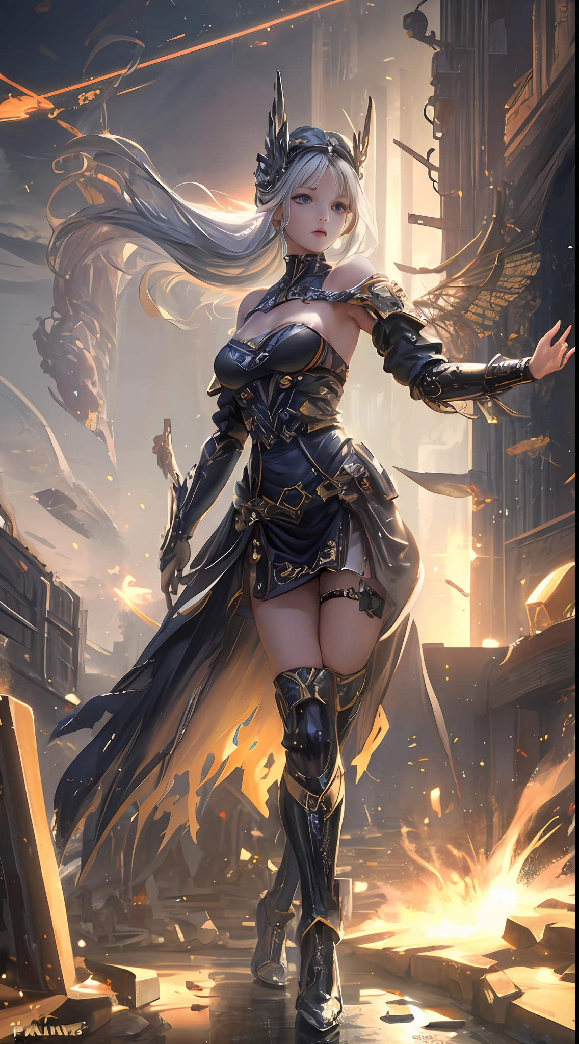 ((Best Quality)), ((Masterpiece)), (Details:1.4), 3D, Dynamic action poses for battle scenes, Very complex and large fighter-like mechanical weapon, Wings with jet engines, Android Mage Girl, Mechanical Body, Countless glowing large spheres spinning around, Lots of sparks crossing and splashing, Mechanical bodies, off-the-shoulder fashion that fuses detailed and intricate steampunk and detailed gothic lolita, poses that invoke magic, large spheres of light spinning and flying, countless neon lights pouring down from the heavens, very thin long legs, over-the-knee mechanical boots, intricate steampunk headgear, fluttering lace flared miniskirt, upturned and beautiful small breasts, clean long silver hair, Long vertical curly hair, wind driven, burning futuristic complex steampunk factory background, cinematic lighting, HDR (High Dynamic Range), ray tracing, NVIDIA RTX, super resolution, Unreal 5, subsurface scattering, PBR texturing, post-processing, anisotropic filtering, depth of field, maximum clarity and sharpness, Multi-layer textures, albedo and specular maps, surface shading, accurate simulation light material interaction, perfect proportions, octane rendering, two-tone lighting, wide aperture, low ISO, white balance, rule of thirds, 16K RAW,