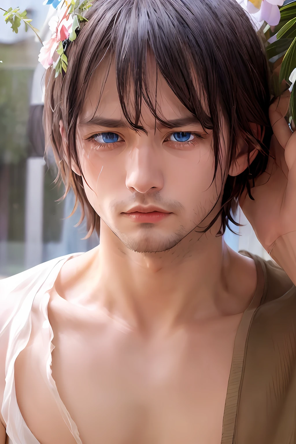 paradisiacal place man crying blue eyes strong expressions showing very clearly his loneliness