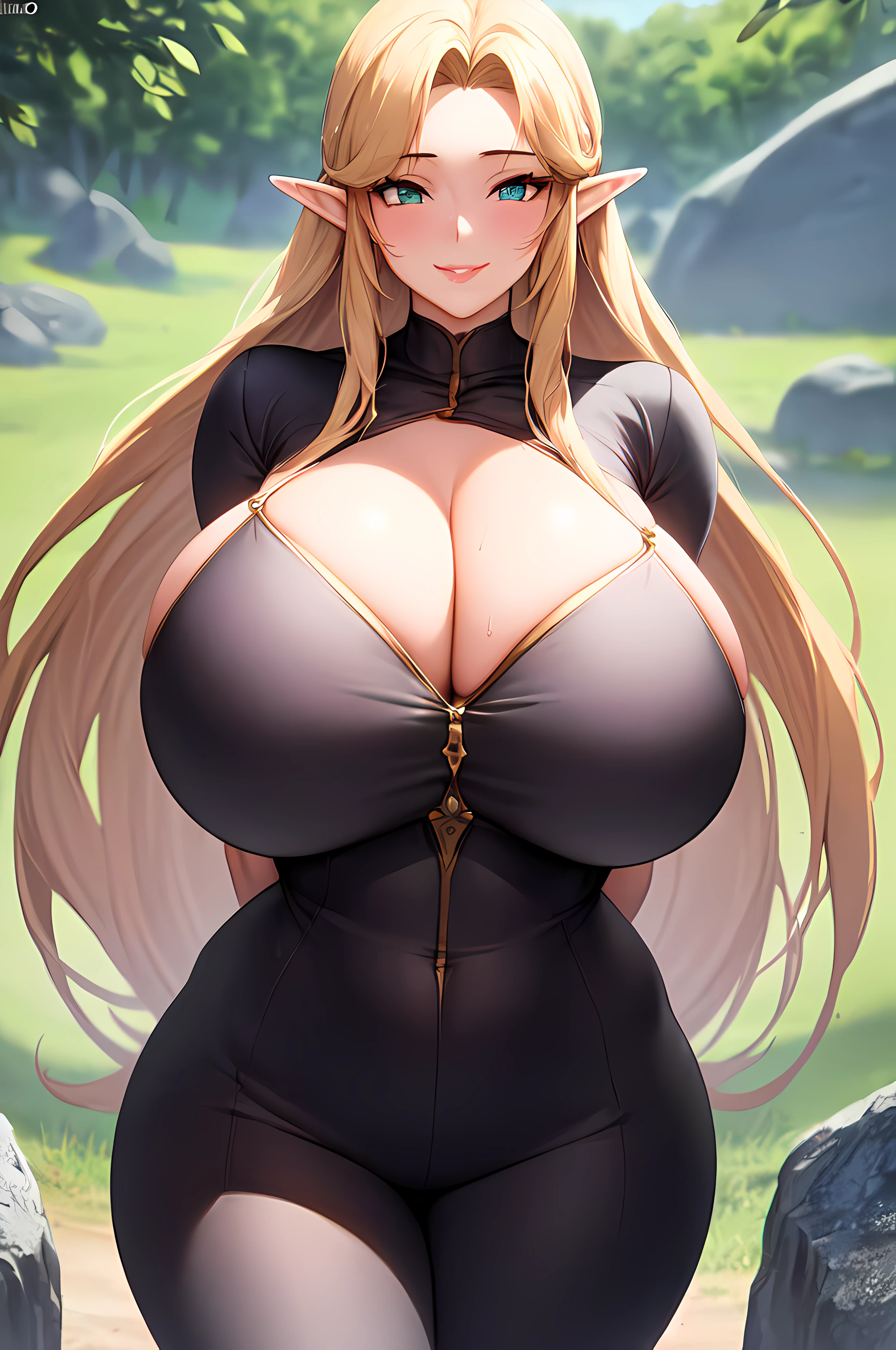 (Best Quality,Unparalleled Masterpiece:1.4)Ultra-Detailed CG 4K,Gorgeous Round Detailed Face(Voluptuous:1.4)Elf(Gigantic Breasts:1.8)ADULT,Skindentation(Curvaceous:1.4)(Bimbo:1.4) BREAK (Ultra-Detailed Clear Absurdly-Vivid Mint Big Eyes:1.2)(Normal Waist:1.2)(Thick Lips:1.3)small-nose(light smile:1.2)(Zelda)(Celestine Lucullus:1.2)(Curvy:1.4) BREAK (Voluminous Long Blonde Hair: 1.4)(Bangs,Sidelocks:1.2)Seductive(Erotic face:1.4)(Solo:1.4)(Facing Viewer:1.2)(Cowboy Shot:1.2)(from above:1.1)  BREAK (1Girl: 0.5)(arms behind back:1.2)(naked:1.3)Rocks,Trees, Plants,Bush,