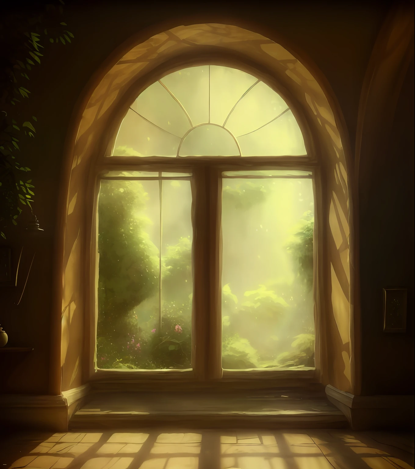 There is a large window, which overlooks the garden, interior background art, atmospheric. Digital Painting, Painting the room, Brown walls, Lighting Study, open window ib background, HDR Digital Painting, Light through the windows, dramatic  lighting. Concept art, light, penetrating through the window