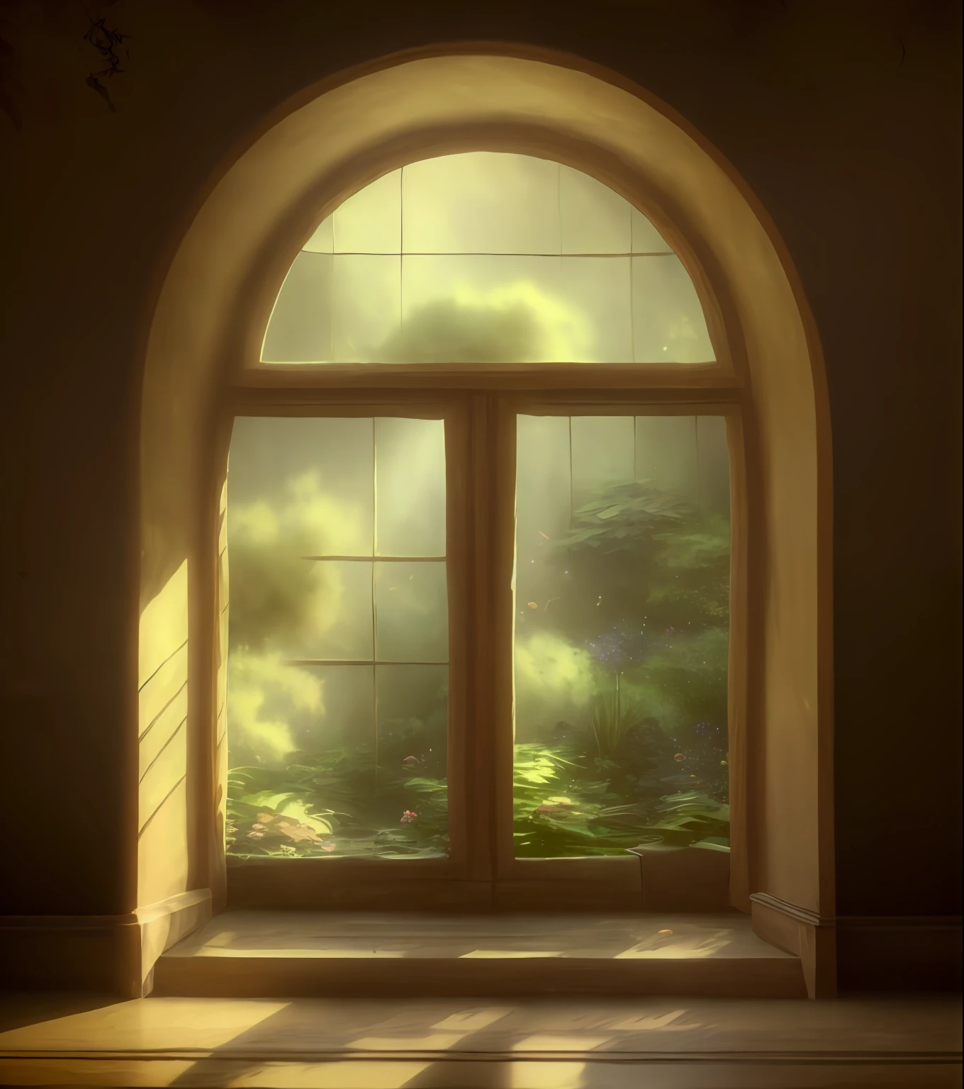 There is a large window, which overlooks the garden, interior background art, atmospheric. Digital Painting, Painting the room, Brown walls, Lighting Study, open window ib background, HDR Digital Painting, Light through the windows, dramatic  lighting. Concept art, light, penetrating through the window