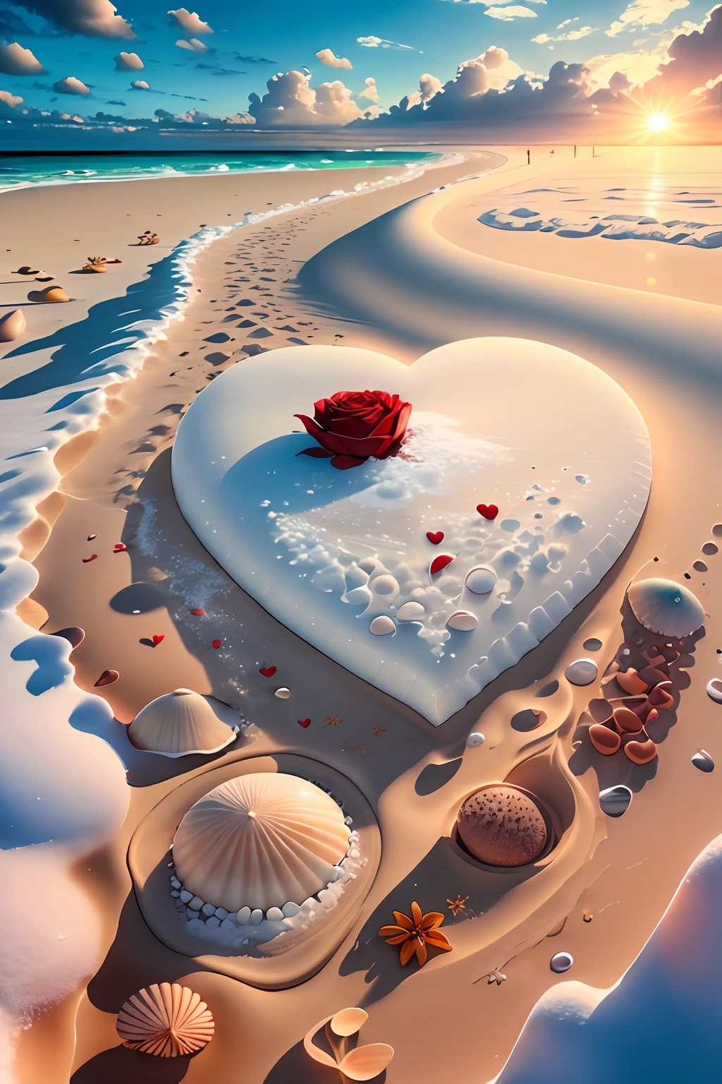 Exquisite scenes，depth of fields，8K，The ivory sky，White clouds，The sun shines on the snow-white sand。The coral sea，There are many small colorful shells on the beach，red rose，Rose flower，There is a pile of glowing heart-shaped stones