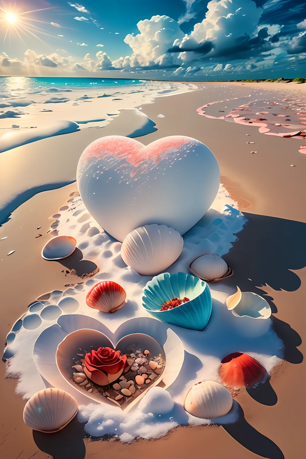 Exquisite scenes，depth of fields，8K，The ivory sky，White clouds，The sun shines on the snow-white sand。The coral sea，There are many small colorful shells on the beach，red rose，Rose flower，There is a pile of glowing heart-shaped stones