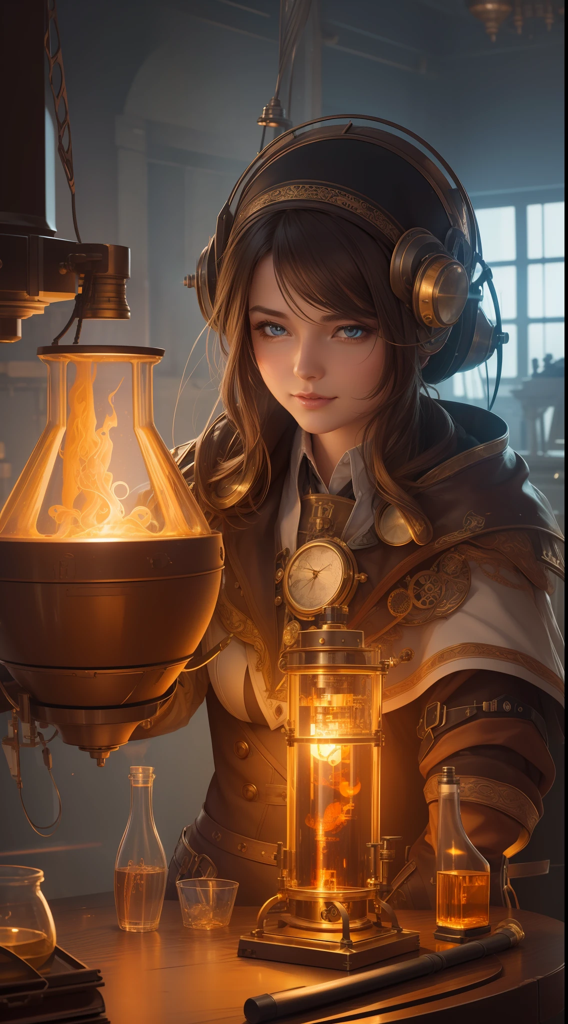 ((beste-Qualit)), ((tmasterpiece)), (Detailed:1.4), "Scientist's laugh, goggles, science lab bottles with colorful liquid, Tesla coils, steampunk lab, splatter, high contrast, colorful polychromy, super detail, ultra quality, CGSociety", ultra HD, realistic, vivid colors, high detail, UHD perfect composition beautiful detailed intricate detailed octa rendering popular on artstation art photography 32k photorealistic concept art soft natural volumetric cinematic perfect light