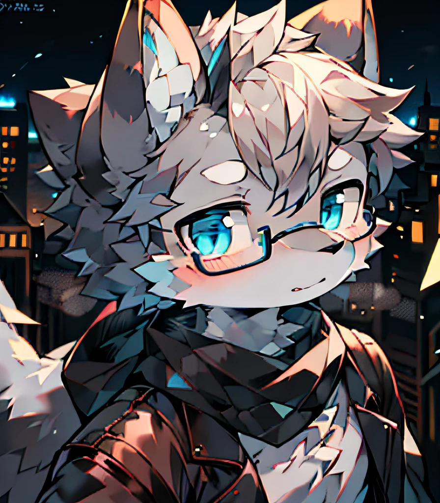 Highest image quality,Delicate painting style,Delicate hook lines,tmasterpiece,Fine fine skin,Delicate hair,Complete painting,The delicate hands of masterpieces,finely-detailed eyes,Normal eyes,Gray wolf ears,furry,Gray hair,Black-framed round glasses,eBlue eyes,adolable,Handsome,((White scarf)), Werewolf style,Shota,cyber punk perssonage, Blue pupil, city night scene, Gray hair, By bangs,Gray crystal wings, Dappled light and shadow, steampunc,short detailed hair,boy,There are bright eyes of God。, Crystal fragments in the air, 城市,Long knife in hand((Fighting posture))