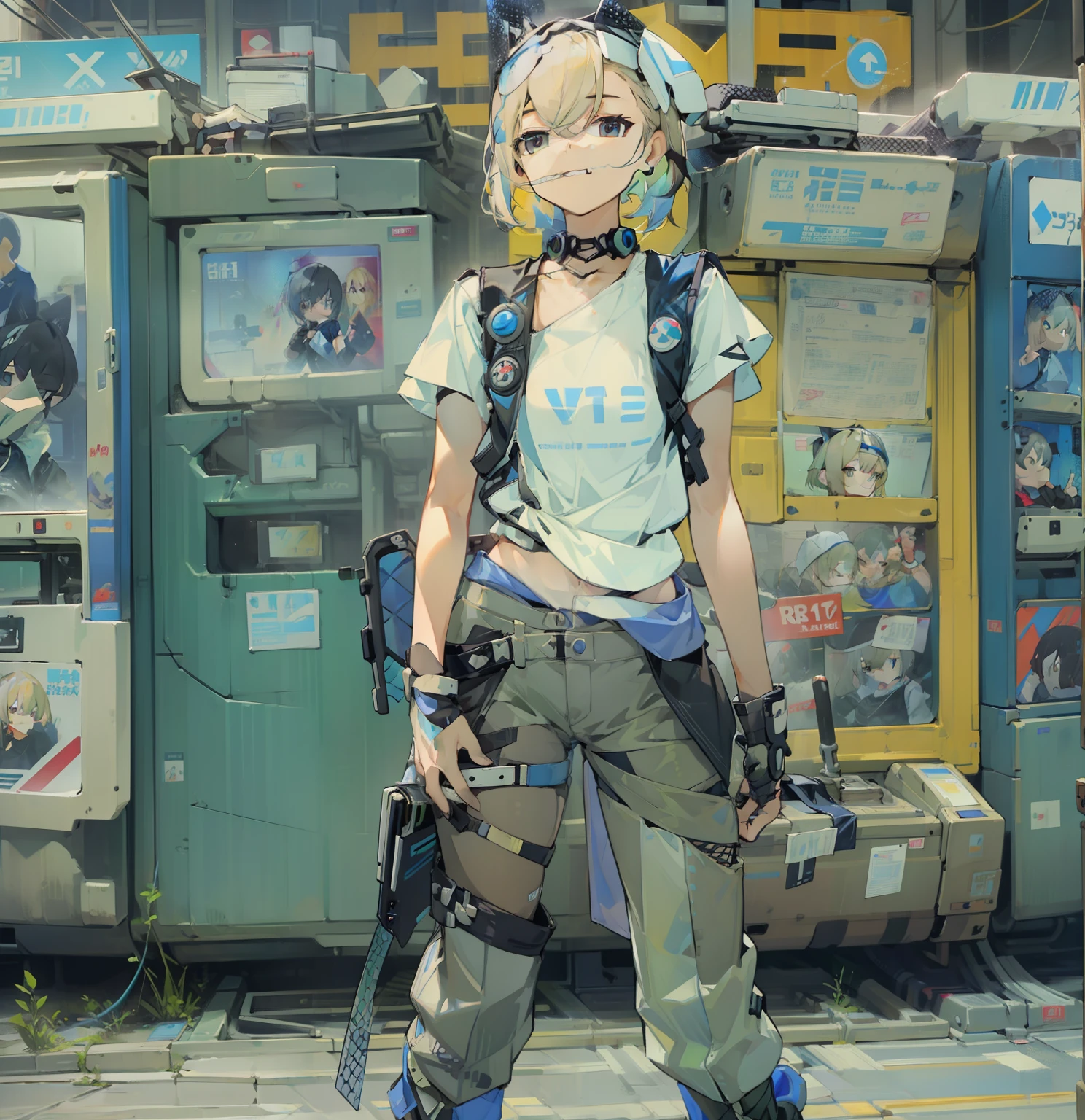 Beautiful woman medium hair、hated、cyberpunked、a short bob、a blond、White Summer Knitted Cap、 odd eye、blue right eye、Green left eye、Blue Leather Vest、Long white T-shirt、White Cargo Pants、Black Engineer Boots、head phone、Holding a pistol in his right hand、Sprint、In front of Shibuya Station、natta、Well-formed fingertips of both hands、Full body like、Colossal tits、A smile、Extend your left hand to us