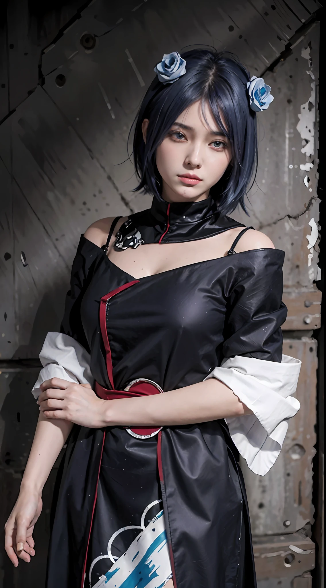 absurderes, (best qualityer), (tmasterpiece), (ultra - detailed: 1.2), (Fotorrealista: 1.1),Off-the-shoulder attire， (A high resolution), 1girll,(injury:1.1),blue hairs，short detailed hair，Black robe(bloods:1.1), Xiaonan \(Naruto\), Akatsuki motif， Perforated Rabret, (Paper:1.2), Ripples, twirl, Rainbow art,