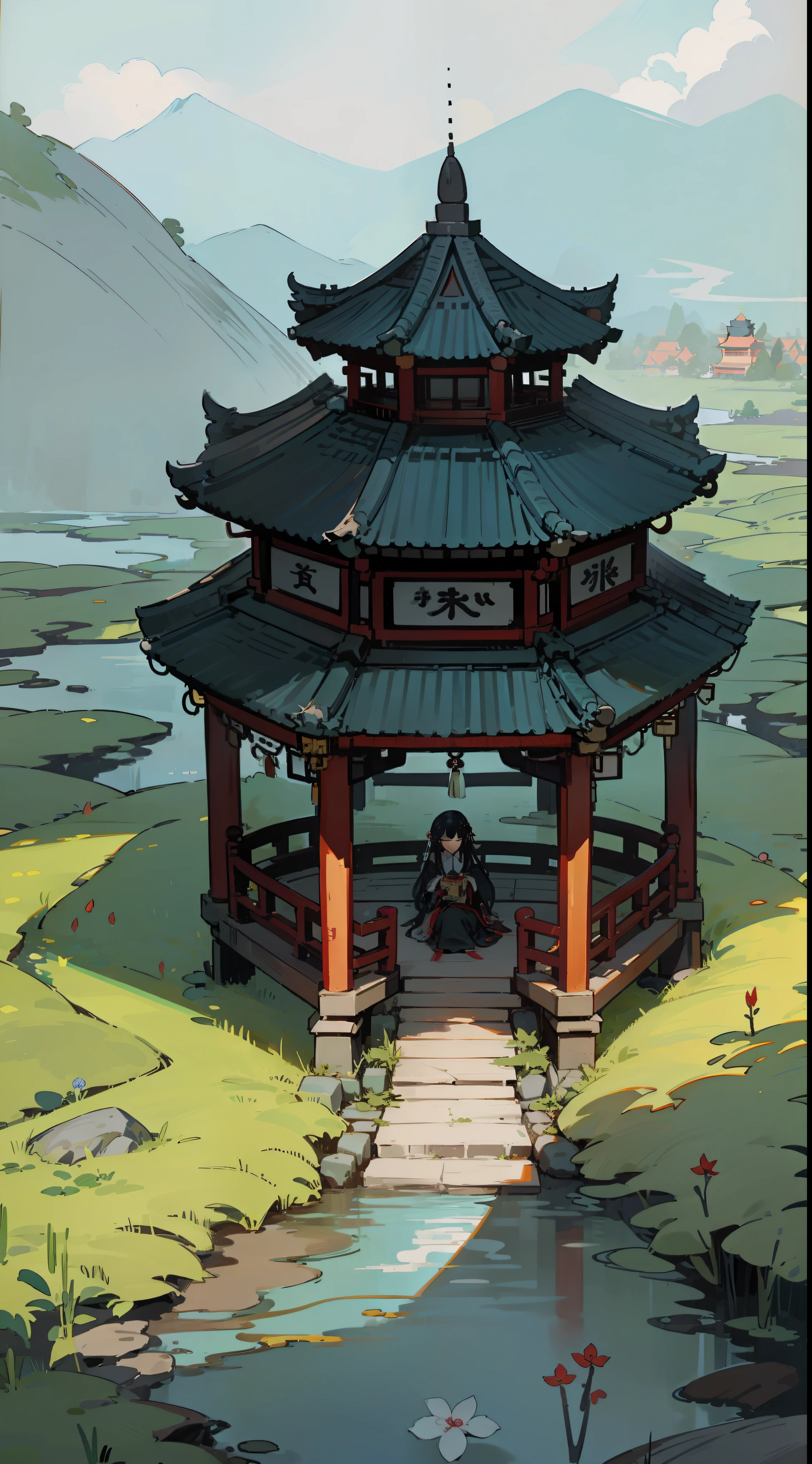 Chinese aesthetics、Ink quality、Peaceful creekside、Lonely gazebo、Long-haired girl holding a scroll、The expression was melancholy、Creation at the highest level。
