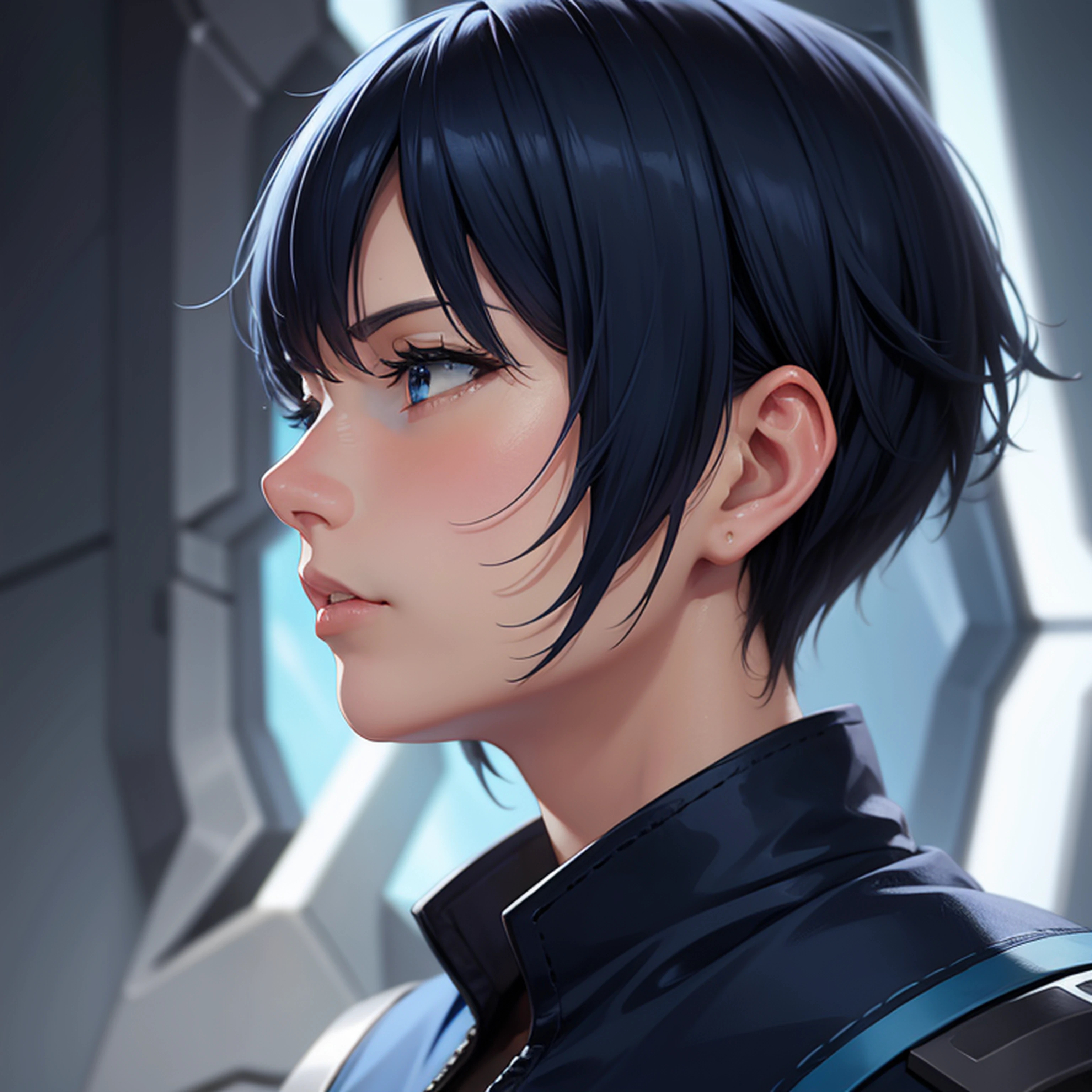 Profile half body blue short hair man closeup Sci-Fi cute Anime Japan 2d Sharp focus 16k resolution Very sharp, Hyper detailed, 8k, Hyper realistic detail
