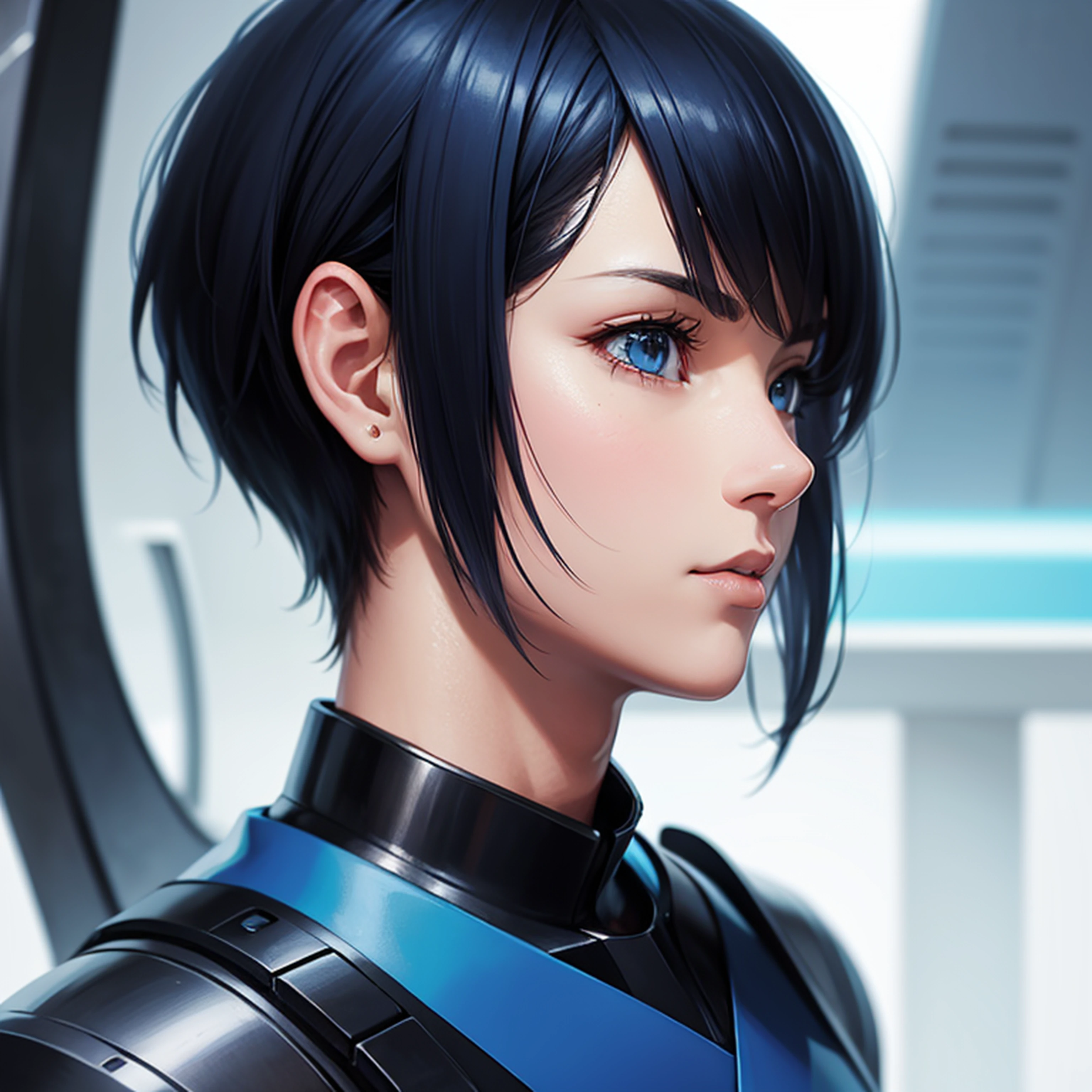 Profile half body blue short hair man closeup Sci-Fi cute Anime Japan 2d Sharp focus 16k resolution Very sharp, Hyper detailed, 8k, Hyper realistic detail