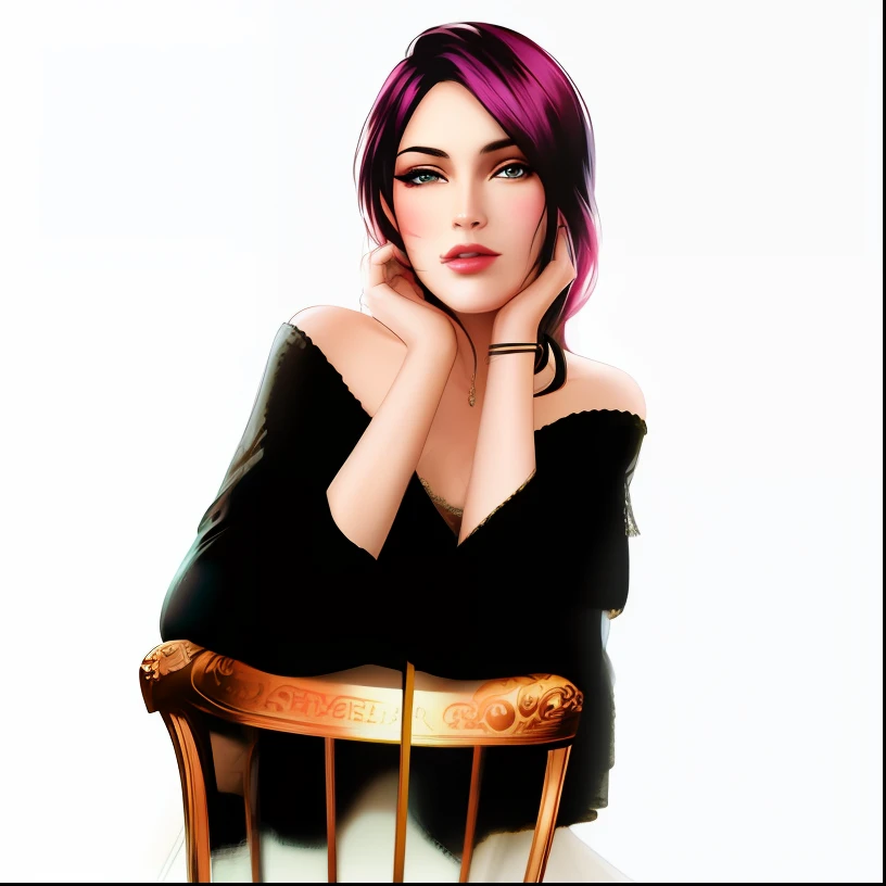 painting of a woman, sitting in a chair, With his hand on his chin, digital art of an elegant, in the art style of bowater, in style of digital painting, Megan Fox colorful portrait, sultry digital painting, Drawn with Photoshop, # 1 digital painting of all time, #1 digital painting of all time, digital art portrait, color portrait