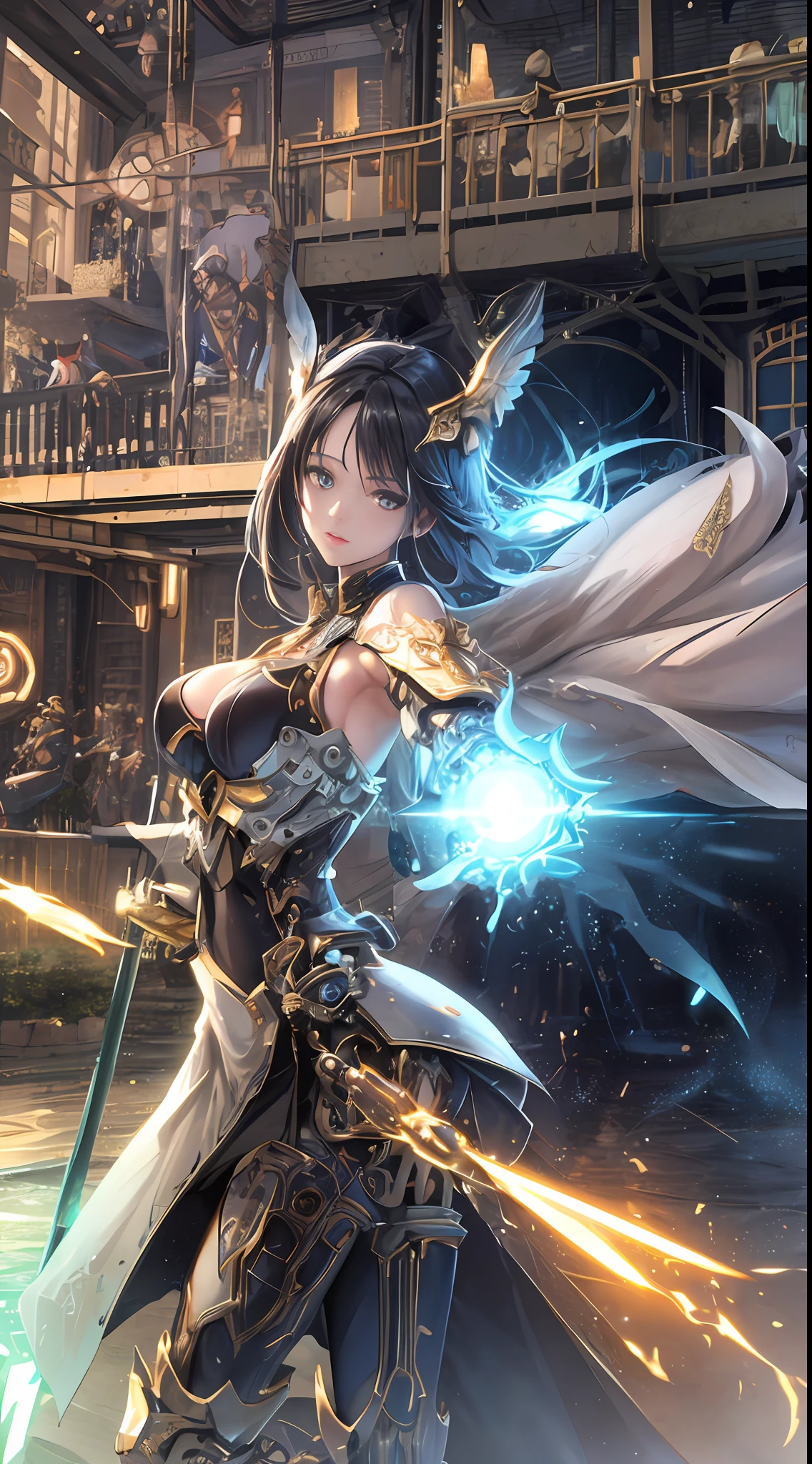 ((Best Quality)), ((Masterpiece)), (Details:1.4), 3D, Dynamic action poses for battle scenes, Very complex and large fighter-like mechanical weapon, Wings with jet engines, Android Mage Girl, Mechanical Body, Countless glowing large spheres spinning around, Lots of sparks crossing and splashing, Mechanical bodies,  off-the-shoulder fashion that fuses detailed and intricate steampunk and detailed gothic ta, poses that invoke magic, large spheres of light spinning and flying, countless neon lights pouring down from the heavens, very thin long legs, over-the-knee mechanical boots, intricate steampunk headgear, fluttering lace flared miniskirt, upturned and beautiful small breasts, clean long silver hair, Long vertical curly hair, wind driven, burning futuristic complex steampunk factory background, cinematic lighting, HDR (High Dynamic Range), ray tracing, NVIDIA RTX, super resolution, Unreal 5, subsurface scattering, PBR texturing, post-processing, anisotropic filtering, depth of field, maximum clarity and sharpness, Multi-layer textures, albedo and specular maps, surface shading, accurate simulation light material interaction, perfect proportions, octane rendering, two-tone lighting, wide aperture, low ISO, white balance, rule of thirds, 16K RAW,