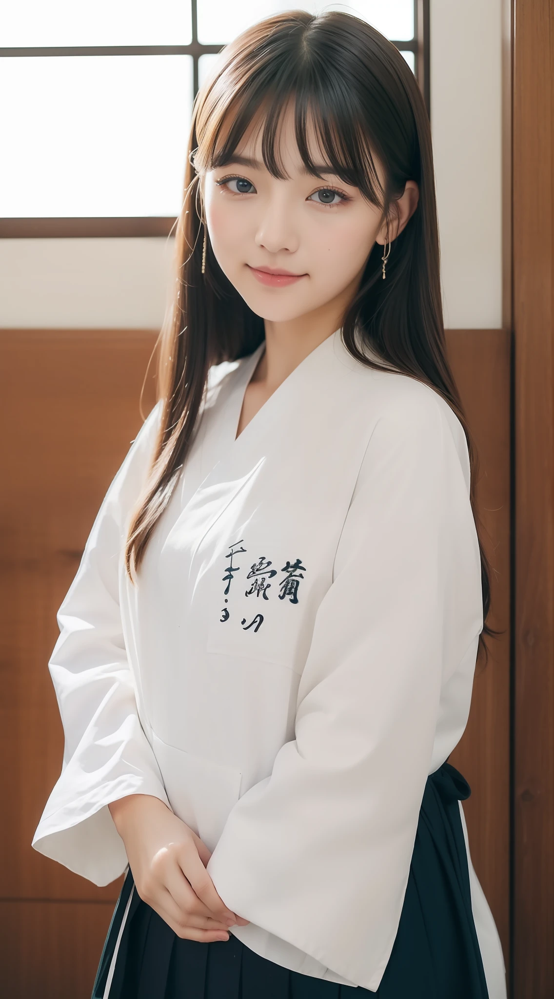 (((Top image quality、8K、masterpiece、top-quality、1人の女性)))、((Beautie、Beautuful Women、kawaii、The face is orderly、Double eyelids、The whole body is shown))、(ighly detailed:1,3)、Calligraphy Club、cute little、Writing with a brush、Doing calligraphy、Being in the classroom、Wearing hakama