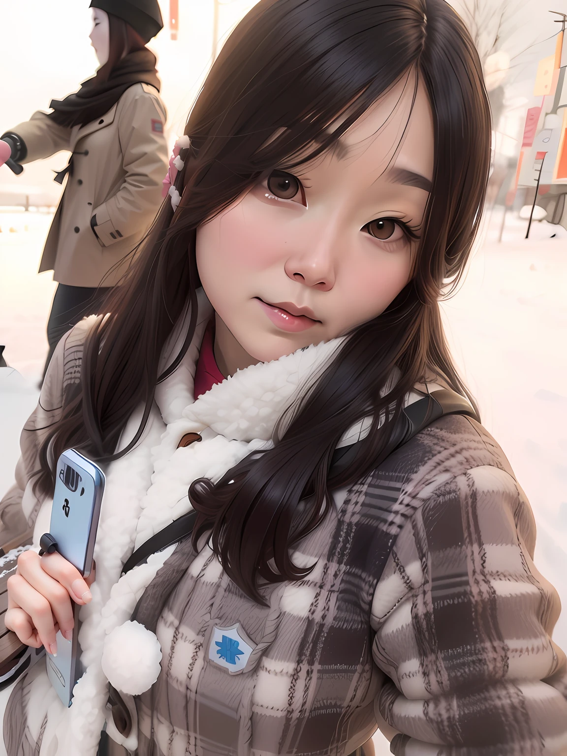 A woman standing in the snow，Mobile phone in hand。, chiho, Yoshitomo Nara, xintong chen, wenfei ye, ulzzangs, chengyou liu, Choi Hyun-hwa, sakimichan, xision wu, shiori teshirogi, jaeyeon nam