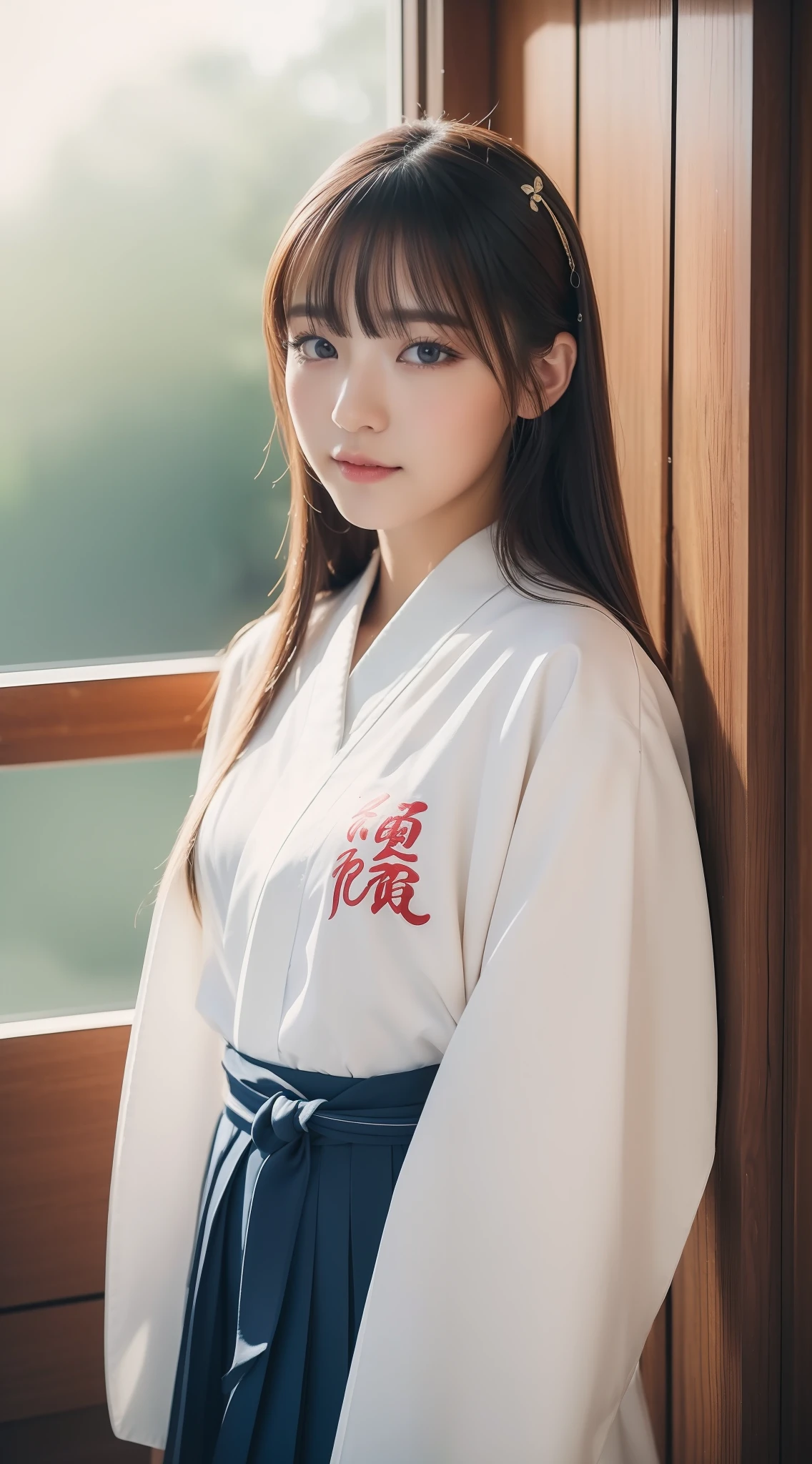 (((Top image quality、8K、masterpiece、top-quality、1人の女性)))、((Beautie、Beautuful Women、kawaii、The face is orderly、Double eyelids、The whole body is shown))、(ighly detailed:1,3)、Calligraphy Club、cute little、Writing with a brush、Do calligraphy、Being in the classroom、Wearing Hakama、The whole body is shown、Like a shot with an SLR