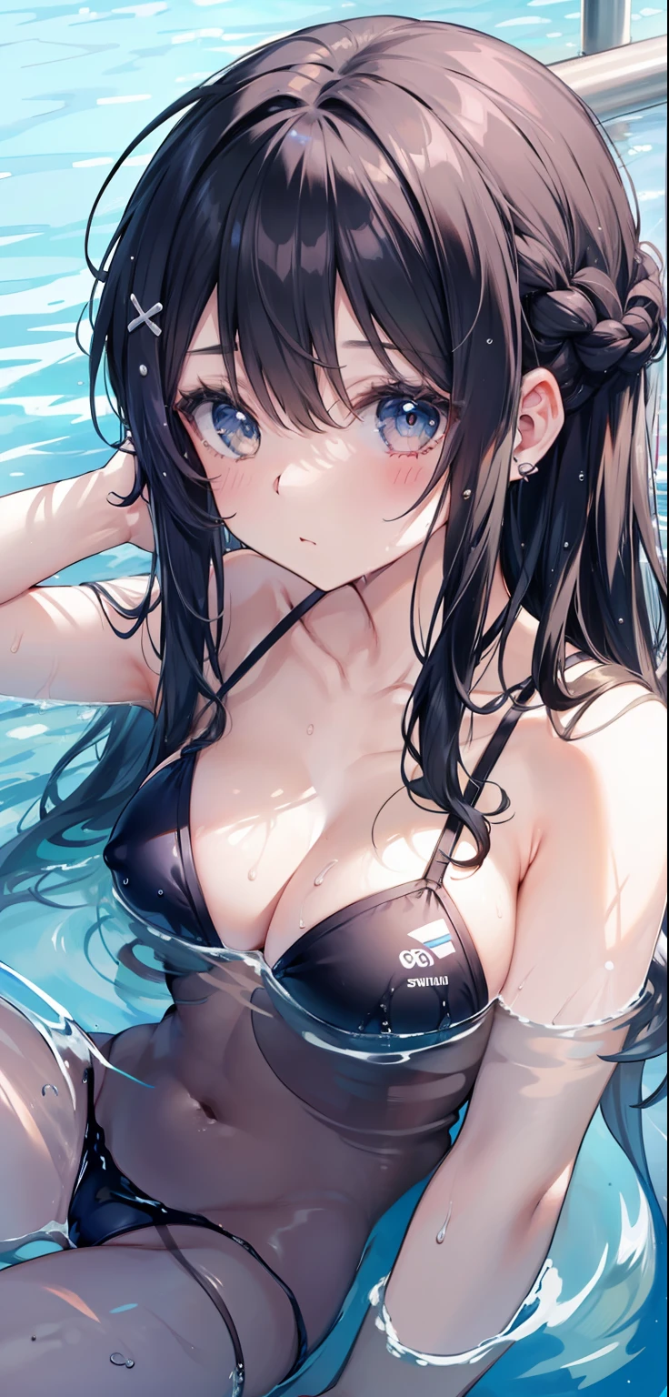 1 Girl, Watery Big Eyes*Sukumizu*Wet Hair*Hair Spread Out*Ear Stud*Swimming Pool>,, lora:add_detail:1