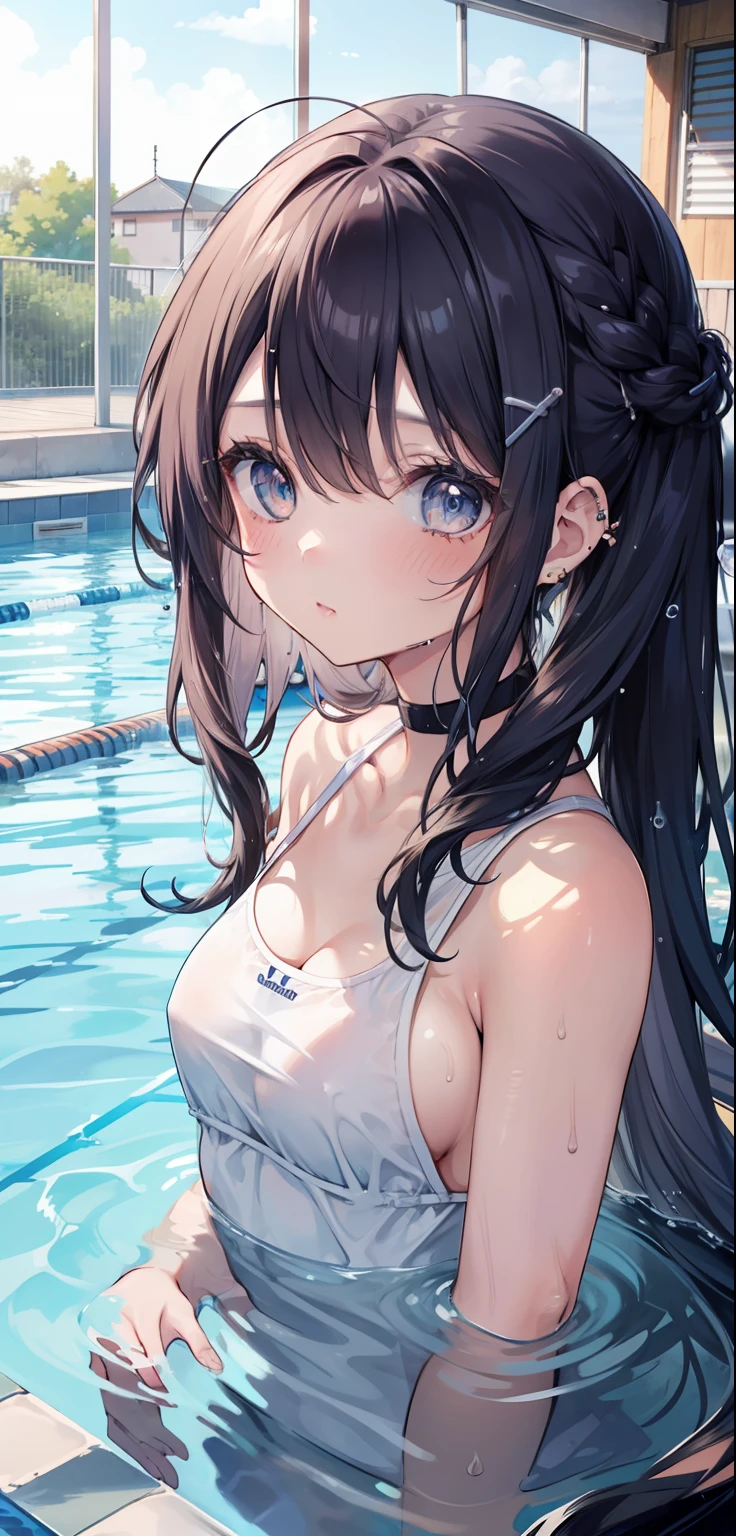 1 Girl, Watery Big Eyes*Sukumizu*Wet Hair*Hair Spread Out*Ear Stud*Swimming Pool>,, lora:add_detail:1