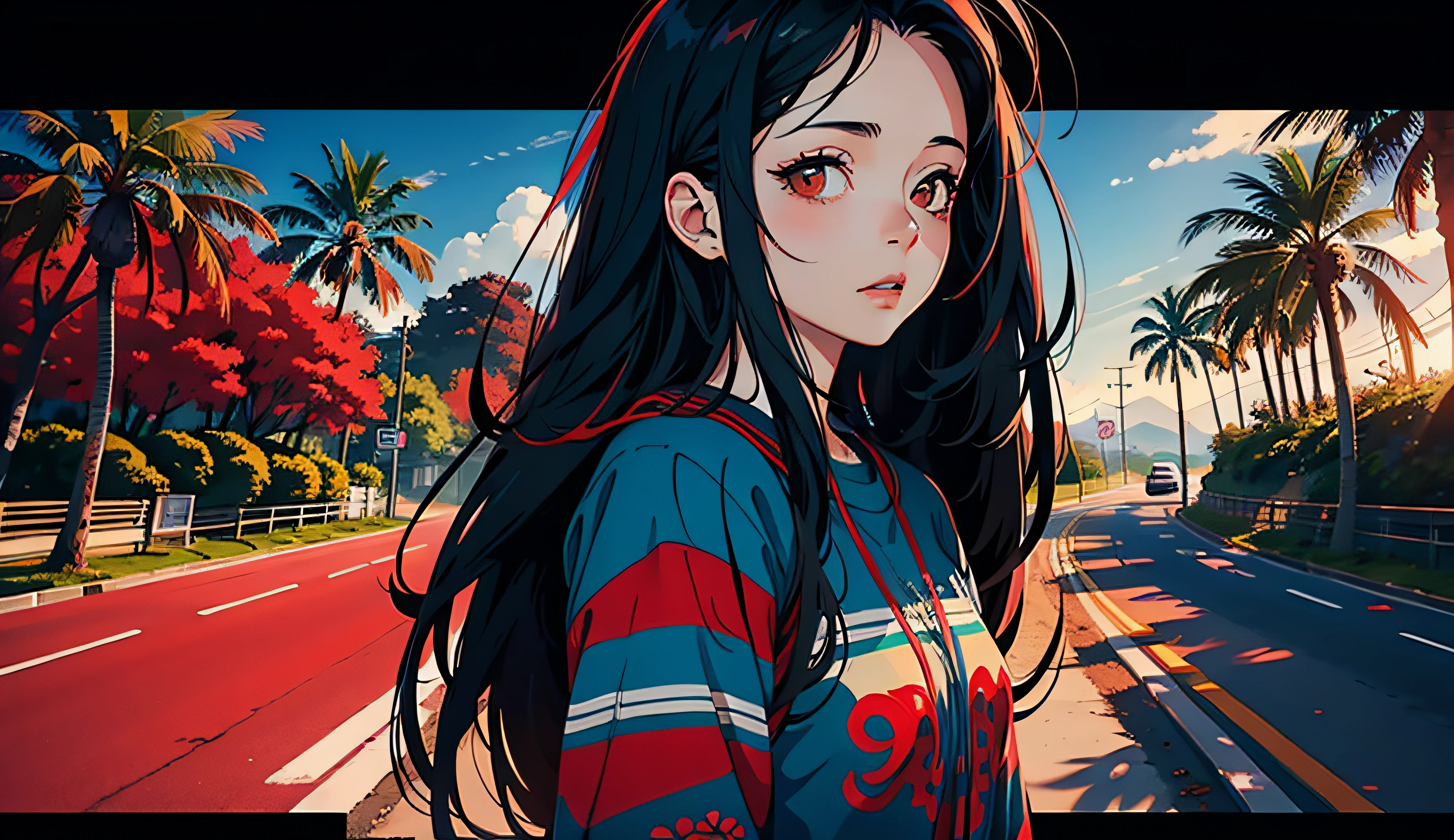 Girl with long black hair and red locks in hair standing on a road, Nice art style, Hidden hands, melhor qualidade, 8k