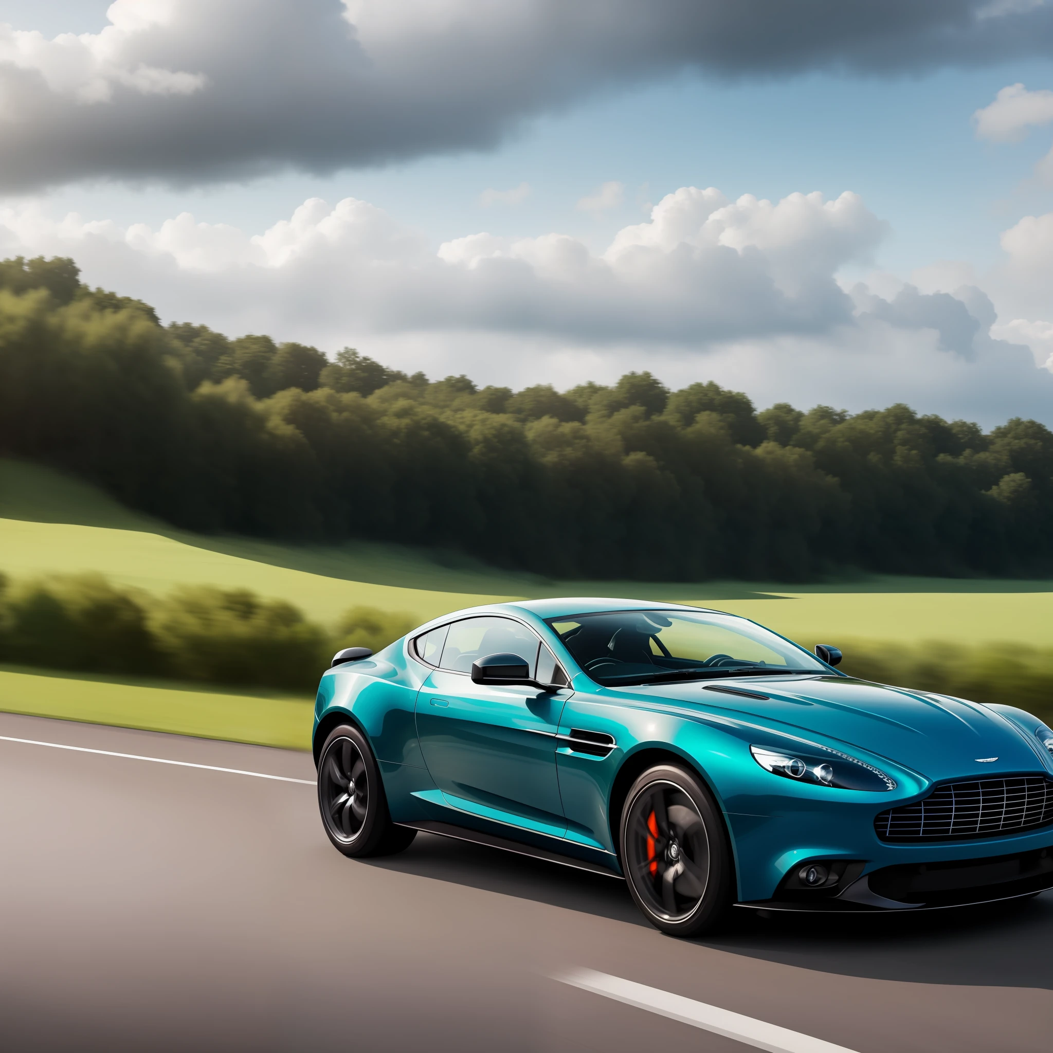 Une Aston Martin, vintage couleur fauve roule dans Chigago au petit matin, Background blurry and light cloud?
