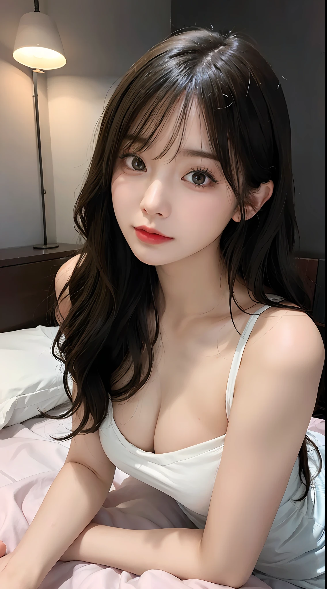 (Raw photography:1.2)、top-quality、a beautiful detailed girl、skin-tight、angry looking face、extremely detailed eye and face、beatiful detailed eyes、huge filesize、hight resolution、hight resolution、8k wallpaper、finely detail、Highly detailed ticker uniform 8K wallpaper、Light on the Face、电影灯光、a 25 year old girl、sexy pose、(photorealisim:1.4)、illustratio、surrealism、 frombelow、super detailing、masterpiece、fishnets pantyhose、Lying in bed、Raw photo、Small Big、Cute