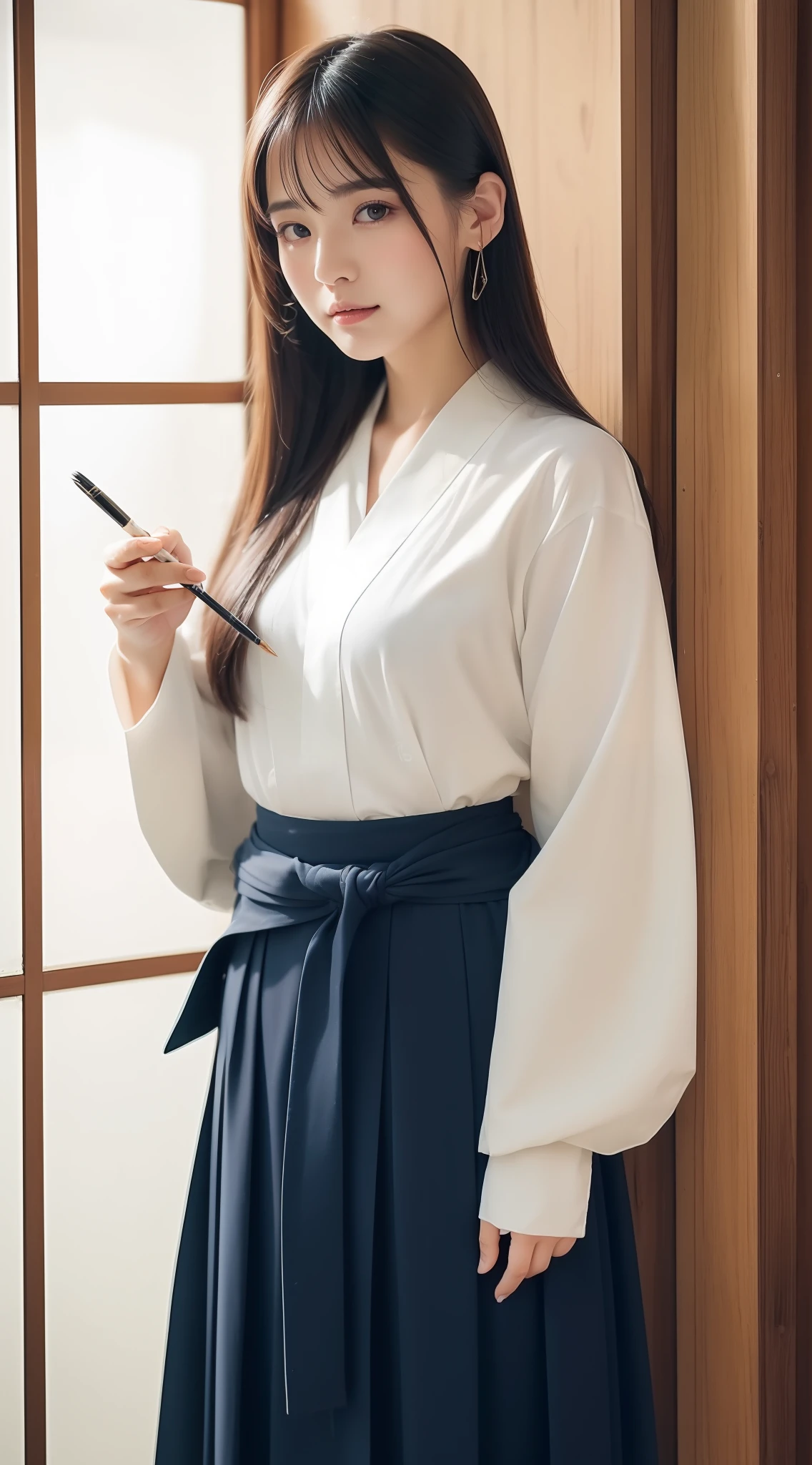 (((Top image quality、8K、masterpiece、top-quality、1人の女性)))、((Beautie、Beautuful Women、kawaii、The face is orderly、Double eyelids、The whole body is shown))、(ighly detailed:1,3)、Calligraphy Club、cute little、Writing with a brush、Do calligraphy、Being in the classroom、Wearing Hakama、The whole body is shown、Like a shot with an SLR、Do calligraphy