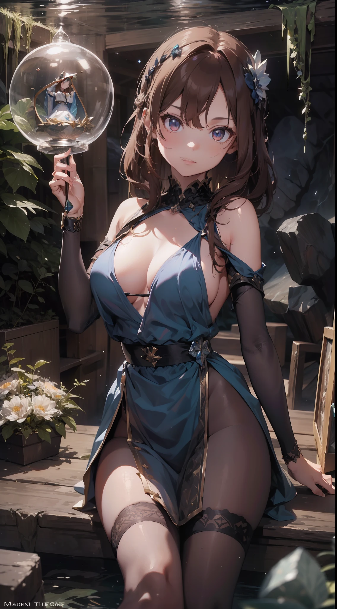 (absurdres, highres, ultra detailed), 1woman, mature female, aged up, wavy long hair, auburn hair, coral eyes, bangs, long sleeves, finely detailed eyes and detailed face, extremely detailed CG unity 8k wallpaper, intricate details, (style-swirlmagic:1.0), looking at viewer, solo, upper body, detailed background, close up, detailed face, (gothic dark ages theme:1.1), crystal sorcerer, dynamic pose, earth themed clothes, crystal crown, floating in the air, glowing magical shards, surrounded by blue magical crystals, rock formations, stalactites, magical floating particles, crystal glass, crystal sphere, crystal canyon background, (shallow water:0.7), epic ethereal atmosphere, updraft,, portrait
